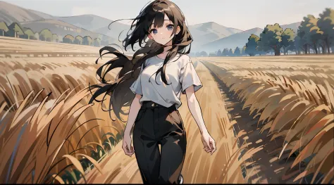 a girl， (ultra resolution 8k),wave her hand，wheat field，Wearing a white shirt and black Pants，white shoes，Best possible quality，(prospect),tree