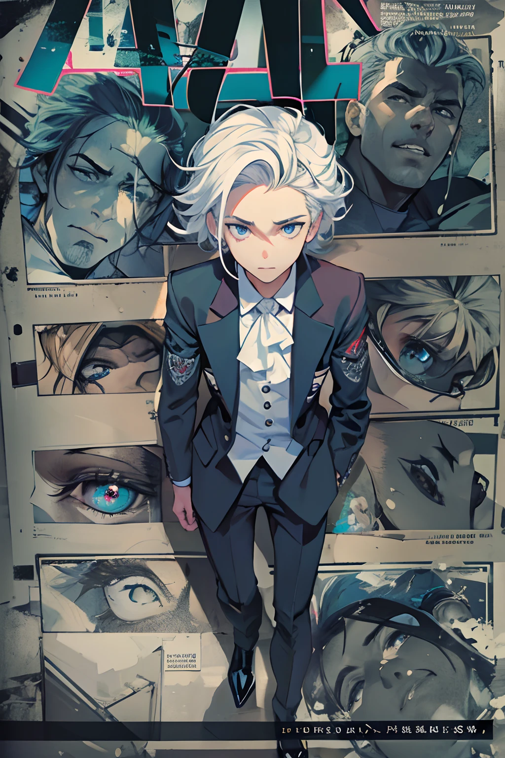 (masuter piece,Best Quality,Ultra-detailed), (A detailed face),Gojo Gojo,Adult men who have retained their boyhood,Solo, white  hair, Blue eyes, black suits,(in bad: 1.2), Looking at the viewer, (interview: 1.3), From  above, sharp contrast, Beautiful detailed eyes, Close Up Shot,magazine title,Mafioso