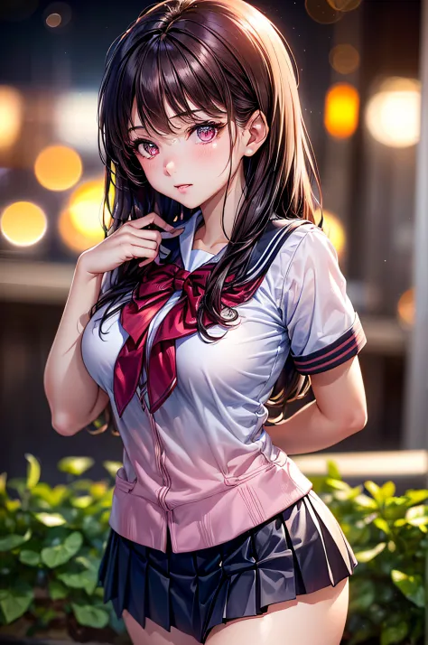 ((1girl in)), (Twin-tailed), Brown hair, Amazing face and eyes, Pink eyes, (amazingly beautiful girl), Brown hair, (High School Uniform, Pleated mini-skirt:1.5), ((Best Quality)), (Ultra-detailed), (extremely detailed CG unified 8k wallpaper), Highly detai...