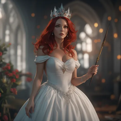 50 yrs. old Gorgeous red hair witch in white dress, wearing a princess crown, holding a wand, against her will, photo-realistic,...