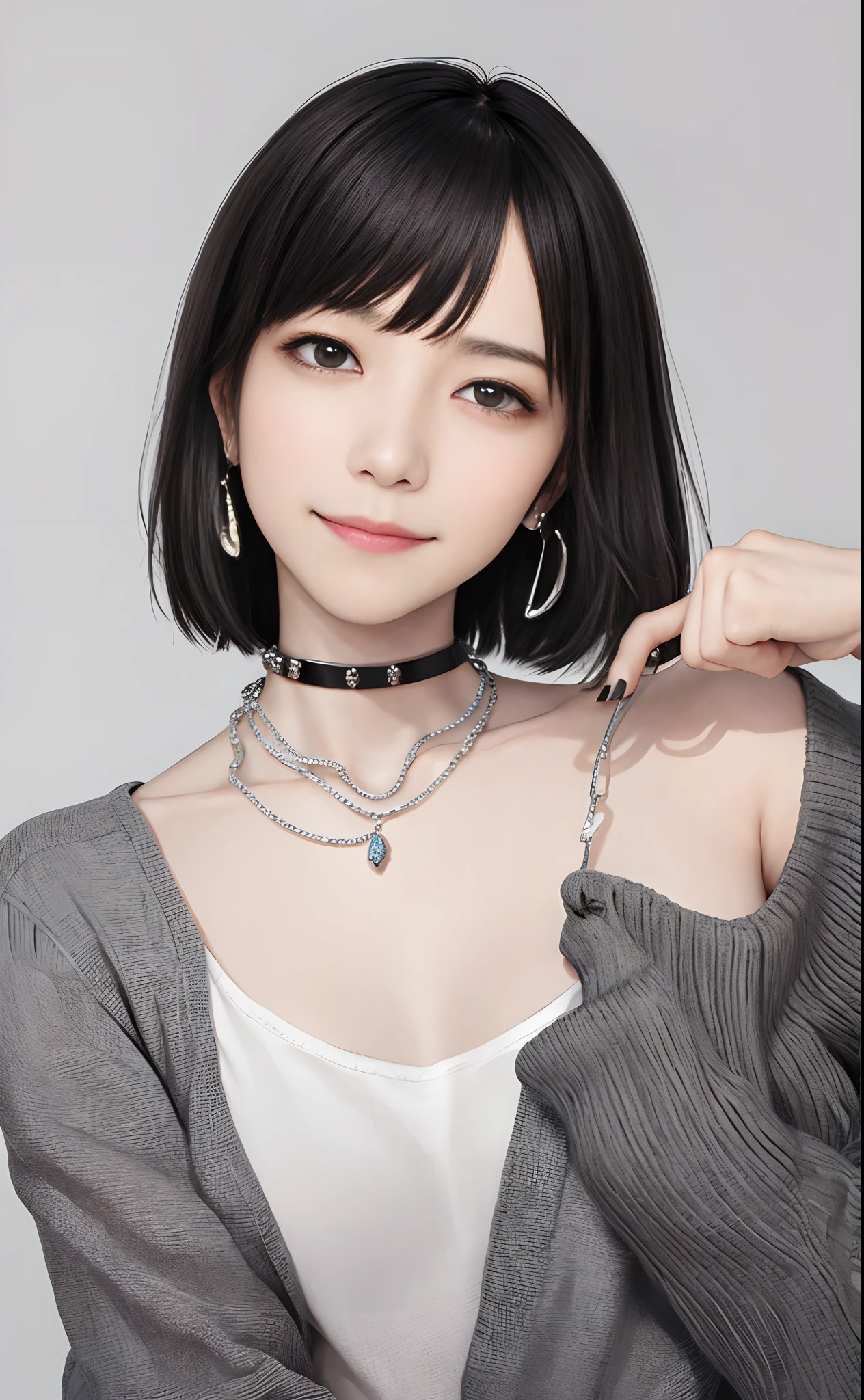 Pilyeon, Solo, 1girl in, Black nails, Jewelry, silber hair、Short hair, Looking at Viewer, Choker, Necklace, hand on own face, Piercing, White background, heart mark, Closed mouth, grey  eyes, nail polish, Simple background, Grey Hair, ear piercings, Black Choker, Smile, Eyelashes, Lips, hands on own cheeks, Bangs, Bracelet, bead, Pedras preciosas, earrings, Fingernails、cowboy  shot