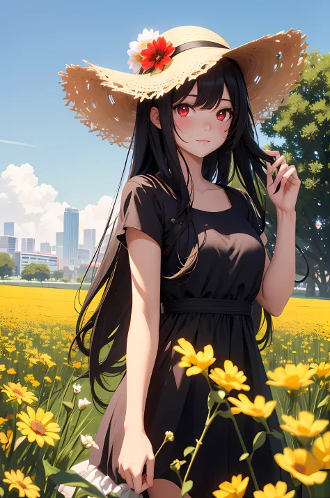 Teenage pretty Girl with Long Curly black Hair, red Eyes, Light Makeup – Wearing cute straw hat – Posing in a Sunny Flower Field...