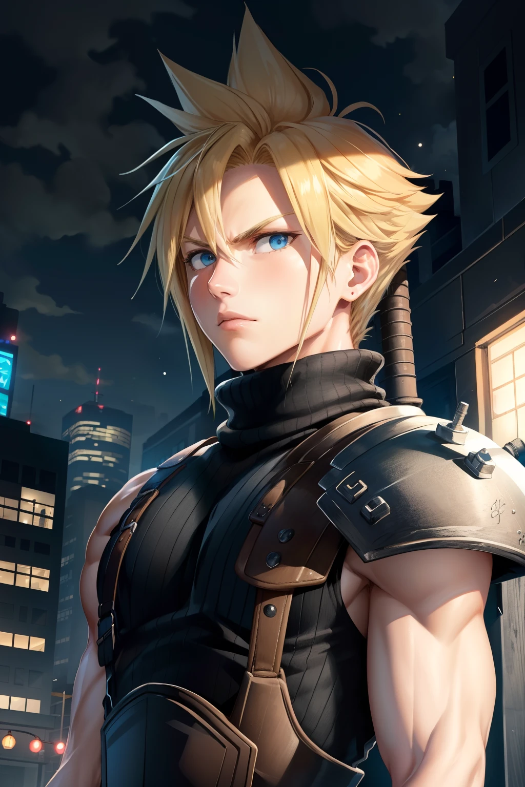 masterpiece, best quality, cloud strife, shoulder armor, sleeveless turtleneck, suspenders, belt, gloves, bracer, upper body, serious expression, looking at viewer, facing forward, city street, night, arms to side, ((Buster Sword))