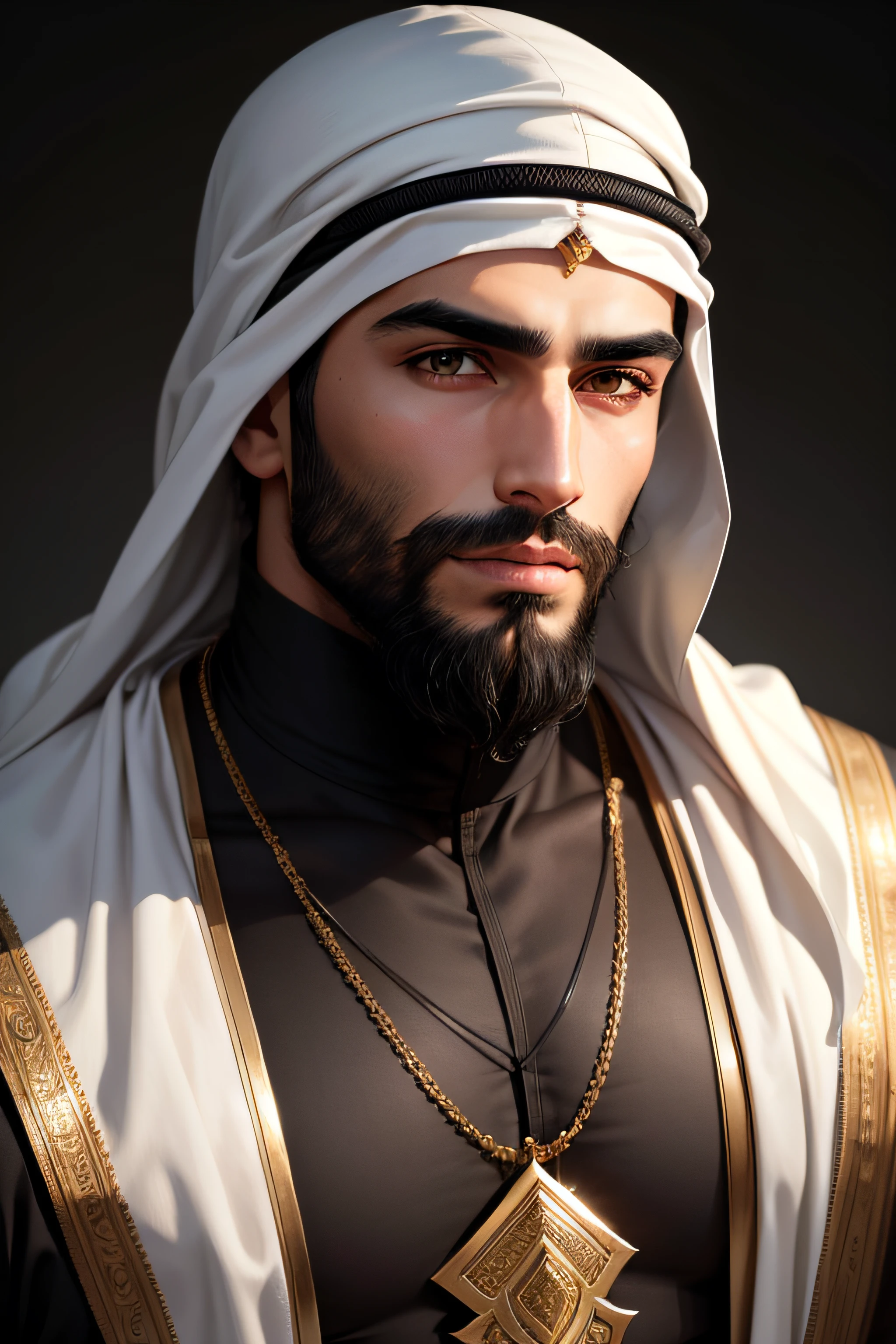 an arab handsome man, head covered, short black beard, shaped jawline ...