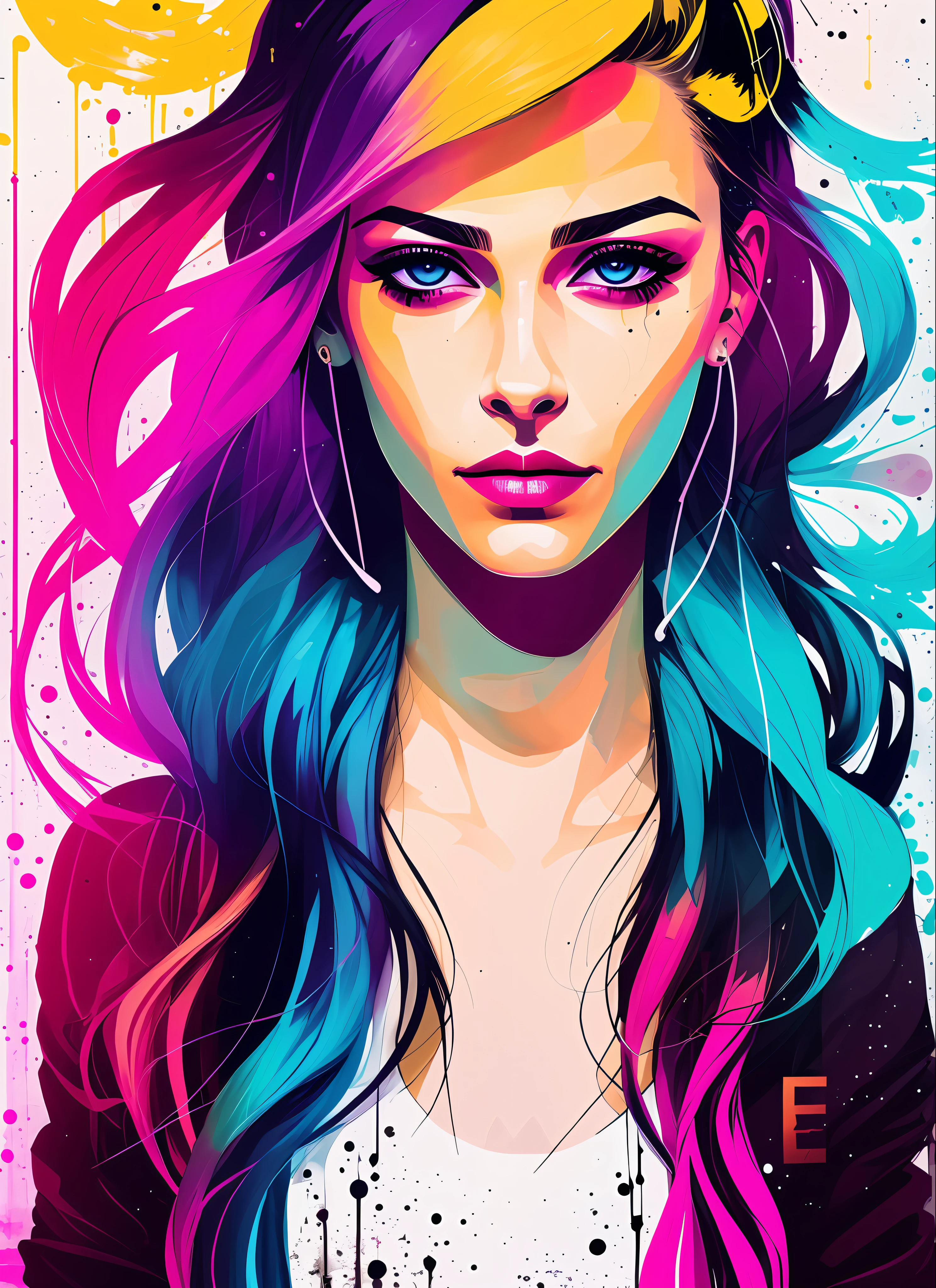 สไตล์ swpunk synthwavea พังก์ร็อกซุปเปอร์สตาร์ผู้หญิงคนสนิทที่สวยงามร้องเพลงโดย agnes cecile, การออกแบบส่องสว่าง, สีนีออน, หยดหมึก, ไนท์คลับเมืองไซเบอร์พังค์