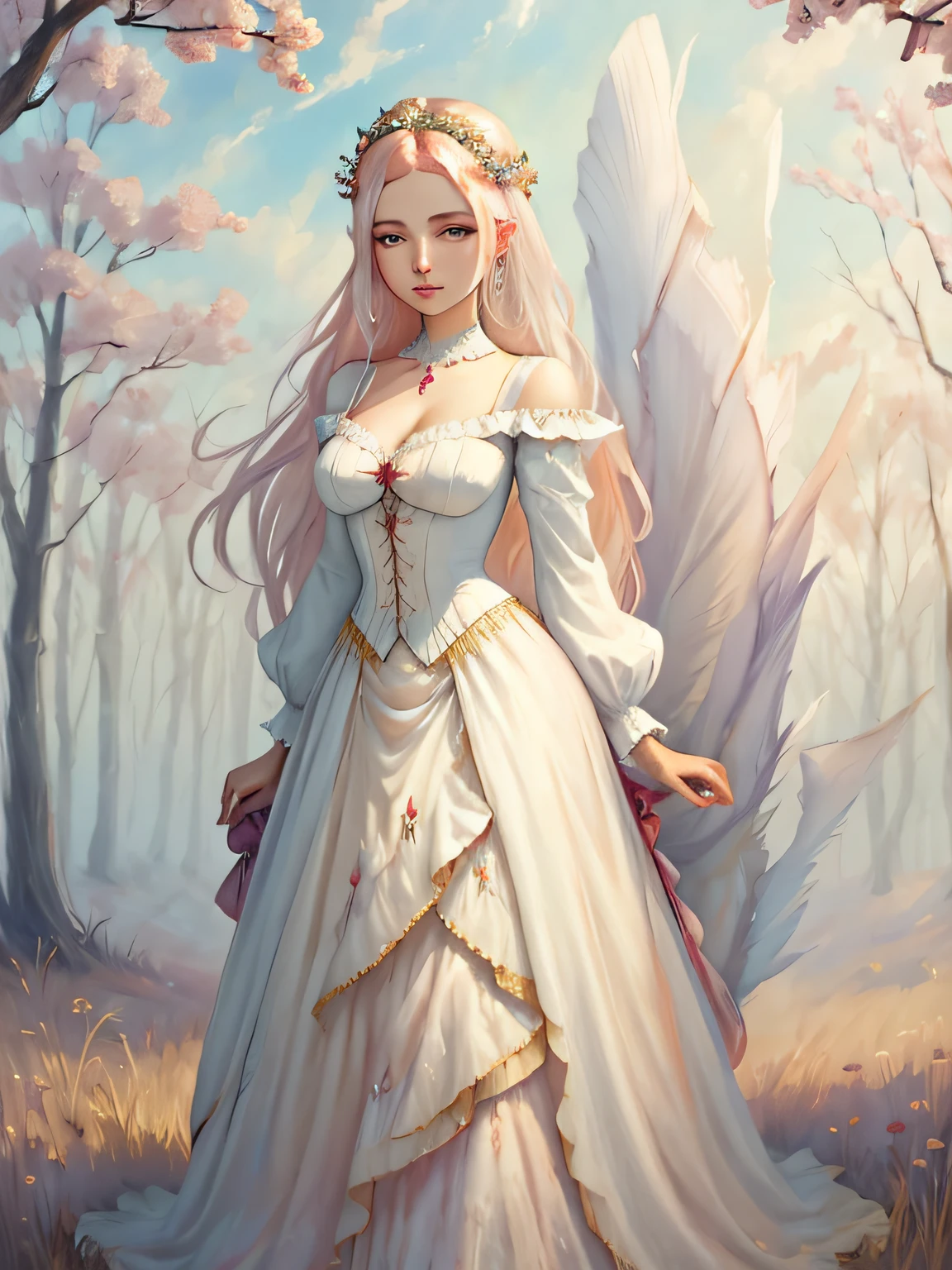 painting of a woman in a white dress standing in a field, beautiful maiden, beautiful fantasy maiden, a beautiful artwork illustration, beautiful digital painting, beautiful fantasy art, in the art style of bowater, beautiful character painting, fantasy digital painting, ethereal beauty, fantasy beautiful, fantasy art style, beautiful young wind spirit, beautiful fantasy art portrait, elegant digital painting, full body, staring at the viewer,