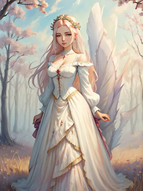 painting of a woman in a white dress standing in a field, beautiful maiden, beautiful fantasy maiden, a beautiful artwork illust...