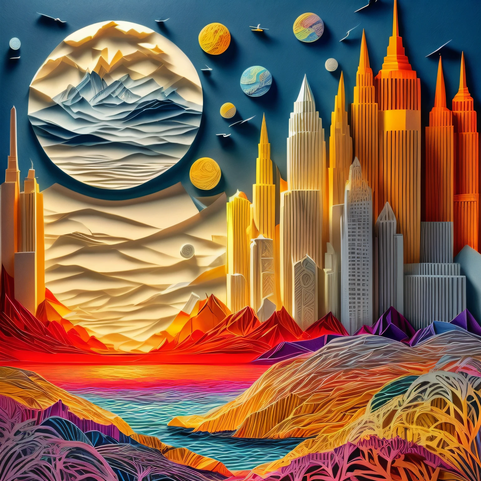 un colorido paisaje (Arte cortado en papel: 1.5) del horizonte de Manhattan al amanecer, a obra maestra award winning (Arte cortado en papel picture: 1.5), Rascacielos del horizonte de Manhattan, Río Hudson, at dawn, mejores detalles, mejor calidad, 16k, [ultra detallado], obra maestra, mejor calidad, (ultra detallado), cuerpo completo, tiro ultra ancho, Fotorrealista,