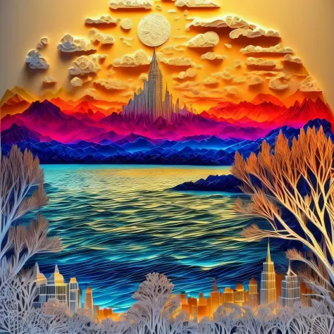 a colorful scenic (paper cut art: 1.5) of Manhattan skyline at dawn, a masterpiece award winning (paper cut art picture: 1.5), M...