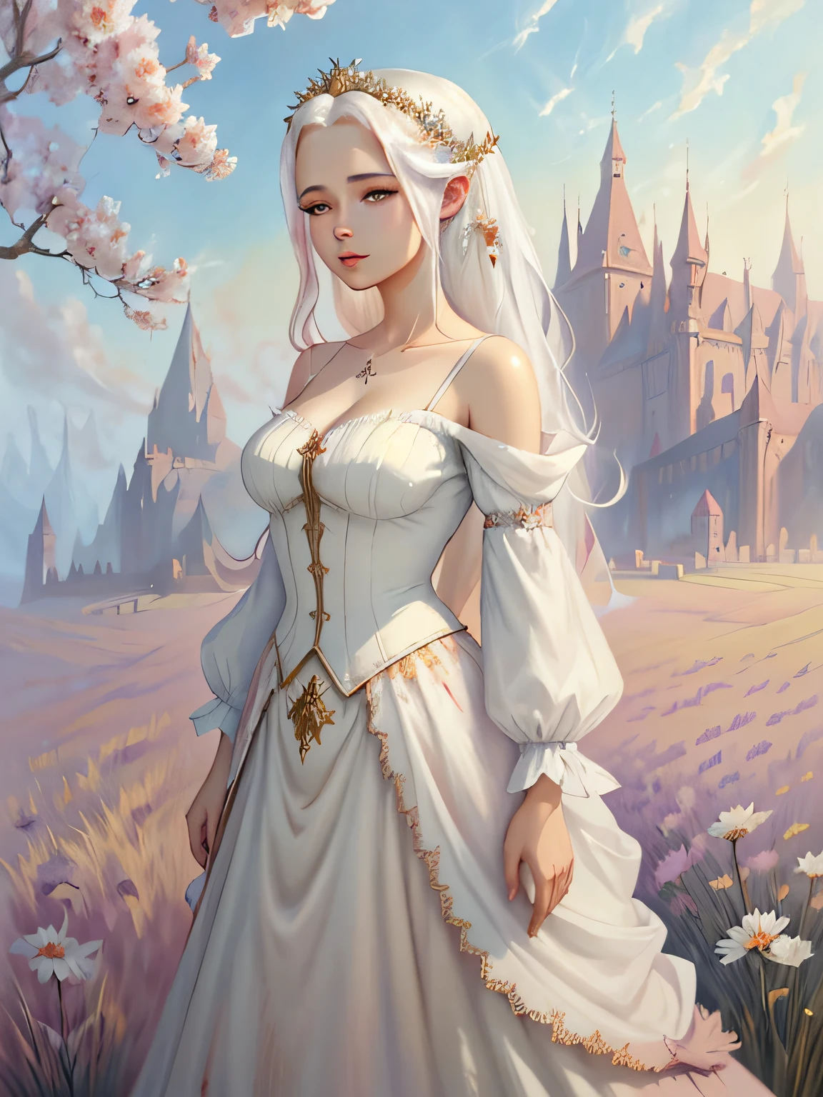 painting of a woman in a white dress standing in a field, beautiful maiden, beautiful fantasy maiden, a beautiful artwork illustration, beautiful digital painting, beautiful fantasy art, in the art style of bowater, beautiful character painting, fantasy digital painting, ethereal beauty, fantasy beautiful, fantasy art style, beautiful young wind spirit, beautiful fantasy art portrait, elegant digital painting, full body