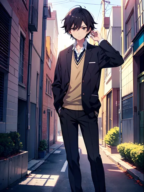 Anime Style A Boy With Cool Pose, Black Hair And Brown eyes, School Uniform, Background On The Street, Anime Makoto Shinkai, Mak...