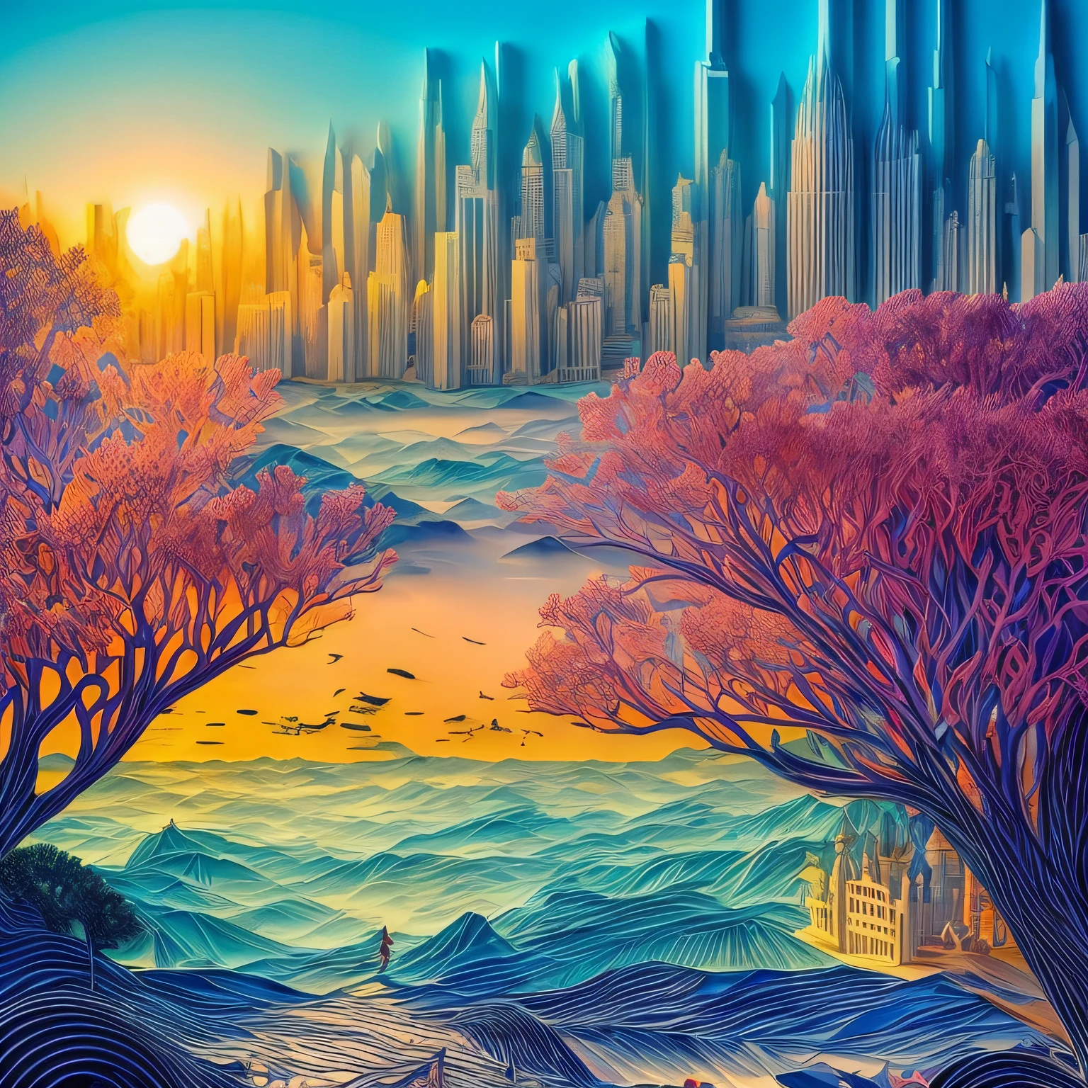 um cenário colorido (arte de corte de papel: 1.5) of Manhattan skyline ao amanhecer, a obra de arte award winning (arte de corte de papel picture: 1.5), Raspadores de céu do horizonte de Manhattan, Rio Hudson, ao amanhecer, Ângulo Dinâmico, relâmpago suave, Ângulo Dinâmico, melhores detalhes, melhor qualidade, 16k, [ultra detalhado], obra de arte, melhor qualidade, (ultra detalhado), corpo todo, foto ultra ampla, renderização 3D fotorrealista