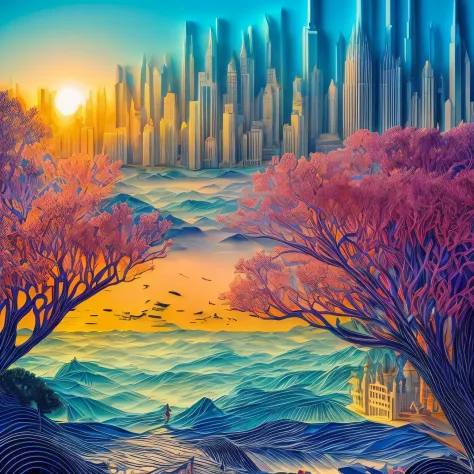 a colorful scenic (paper cut art: 1.5) of Manhattan skyline at dawn, a masterpiece award winning (paper cut art picture: 1.5), M...