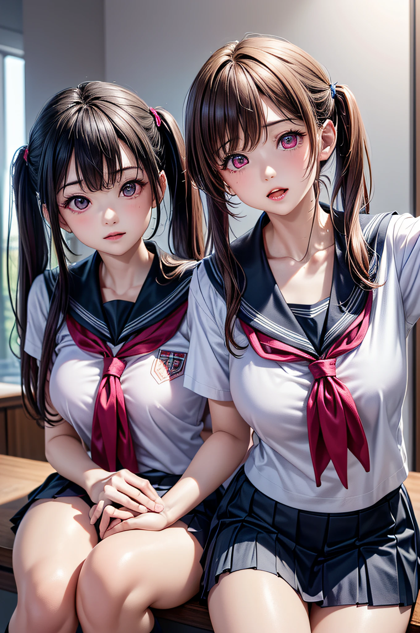 ((2girls)), ((Best Quality)), (Ultra-detailed), (extremely detailed CG unified 8k wallpaper), Highly detailed, High-definition raw color photos, Professional Photography, (Twintails), Brown hair, Amazing face and eyes, Pink eyes, (amazingly beautiful girl), (hi-school uniform, pleated mini skirt:1.3),