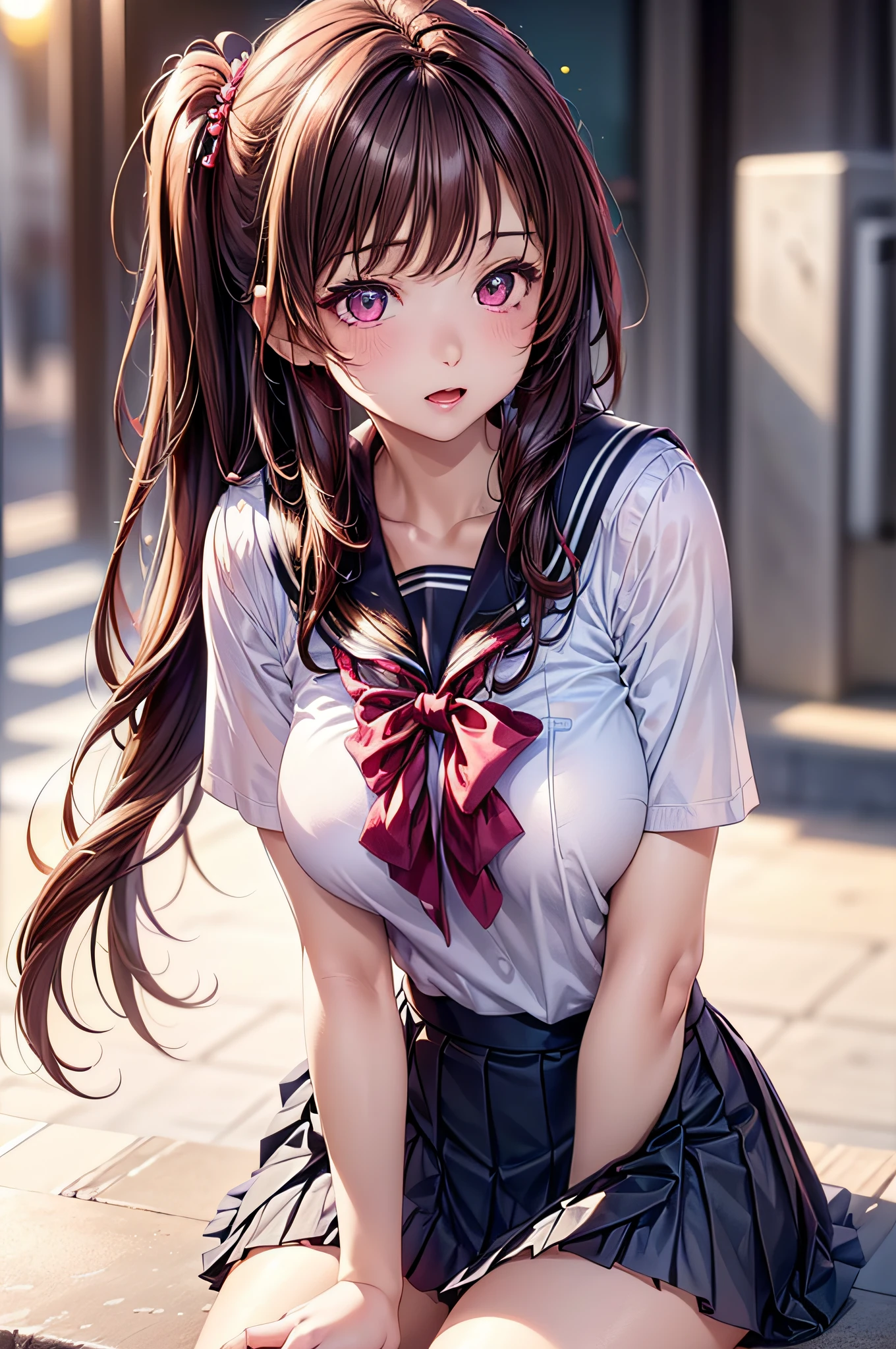 ((1girl in)), (Twin-tailed), Brown hair, Amazing face and eyes, Pink eyes, (amazingly beautiful girl), Brown hair, (High School Uniform, Pleated mini-skirt:1.5), ((Best Quality)), (Ultra-detailed), (extremely detailed CG unified 8k wallpaper), Highly detailed, High-definition raw color photos, Professional Photography, (((Bokeh))), depth of fields, open your legs,