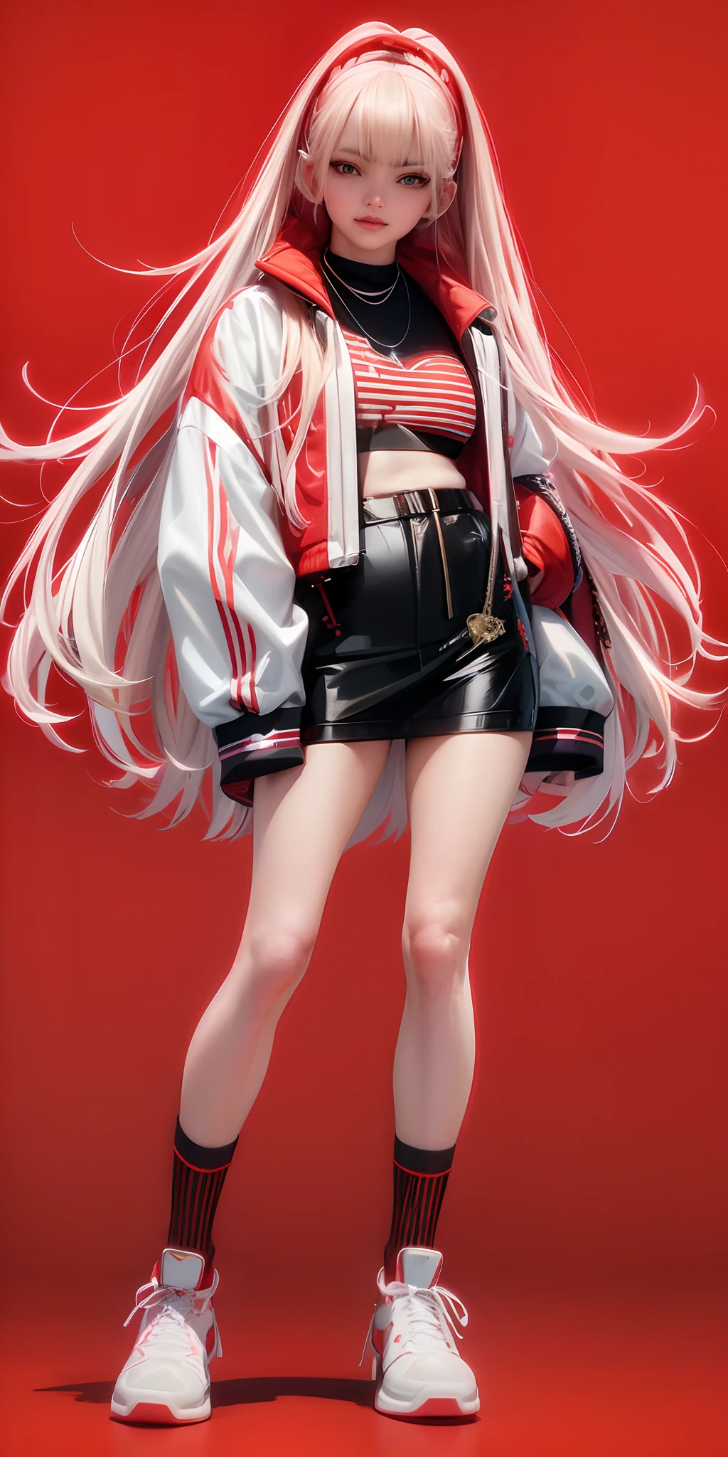 A woman with long white hair and a red jacket posing - SeaArt AI