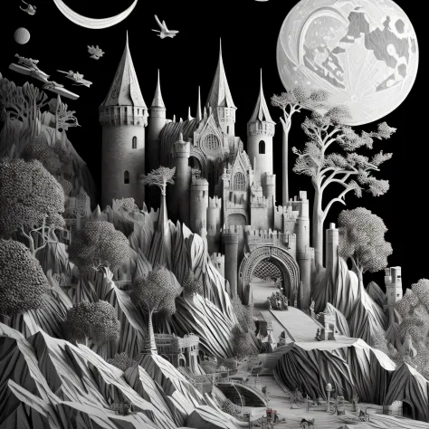a black and white and red scenic picture (paper cut art: 1.5) of a dark vampire castle at night, a masterpiece award winning (pa...