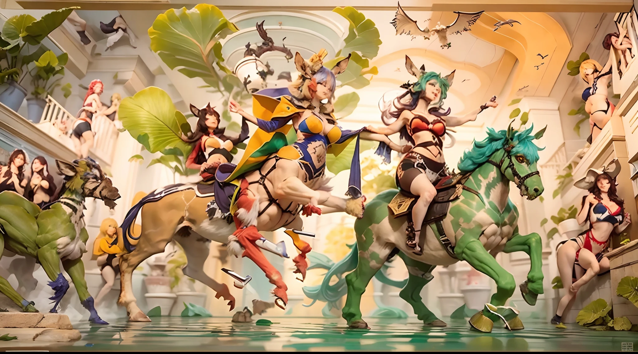 In the beautiful illustration of this super-grand scene，The ultra-distant lens shows us（Over eight separate and distinctive centaur characters：9.9），They all have their own characteristics，Vivid and interesting。Radiant from the heavens（Angelic centaurs：6.6），To nightmarish is（Centaurs surrounded by flames：6.6）、And then to the wind dancing in the air（Fairy centaurs：6.6）、And thunder and lightning surrounding（One-horned centaur：6.6），and shining metallic ones（Mechanical style centaur：6.6）、And then（A centaur with colorful dragon scales covering the whole body：6.6）The power is powerful、Elegant and agile（Elf centaur's slenderness：6.6）Gracefully wears a flower crown、Enchanting and charming（Tiflin centaurs：6.6）、Have the indescribable（Raised sexy：6.6）'s（Succubus centaurs：6.6）。Each character has their own unique charms and abilities。The illustration uses advanced artistic techniques and tools，（Use nesting、woven、stitching、ssee-through、arrange、grouping、Storyboards and other methods，Divide the scene into sections by geometric arrangement：9.9），Each section corresponds to a centaur character，This makes more efficient use of space。Through Midjourney's advanced brush tools、Color palette、Material packs and model packs、Texture tools，For each centaur, beautiful props are designed to increase racial characteristics、Clothing and physical features，（Enhances the character's personality and visual appeal：2.5），The scenery in the illustrations is stunning，There are changing skies、rainbowing、extreme light、Stars and Moon。Incorporating iconic landmarks such as Mount Everest，and fireworks、tranquil lake、Natural and urban elements of waves and neon lights，Creates a magical atmosphere，The centaurs display their unique abilities and equipment in a variety of environments，This is true even in extreme alien landscapes。（Use Midjourney's toolaterial packs、Texture tools、The color palette makes depicting details vivid and realistic：9.9），From complex hairstyles and as well as different racial traits、Body、Ap