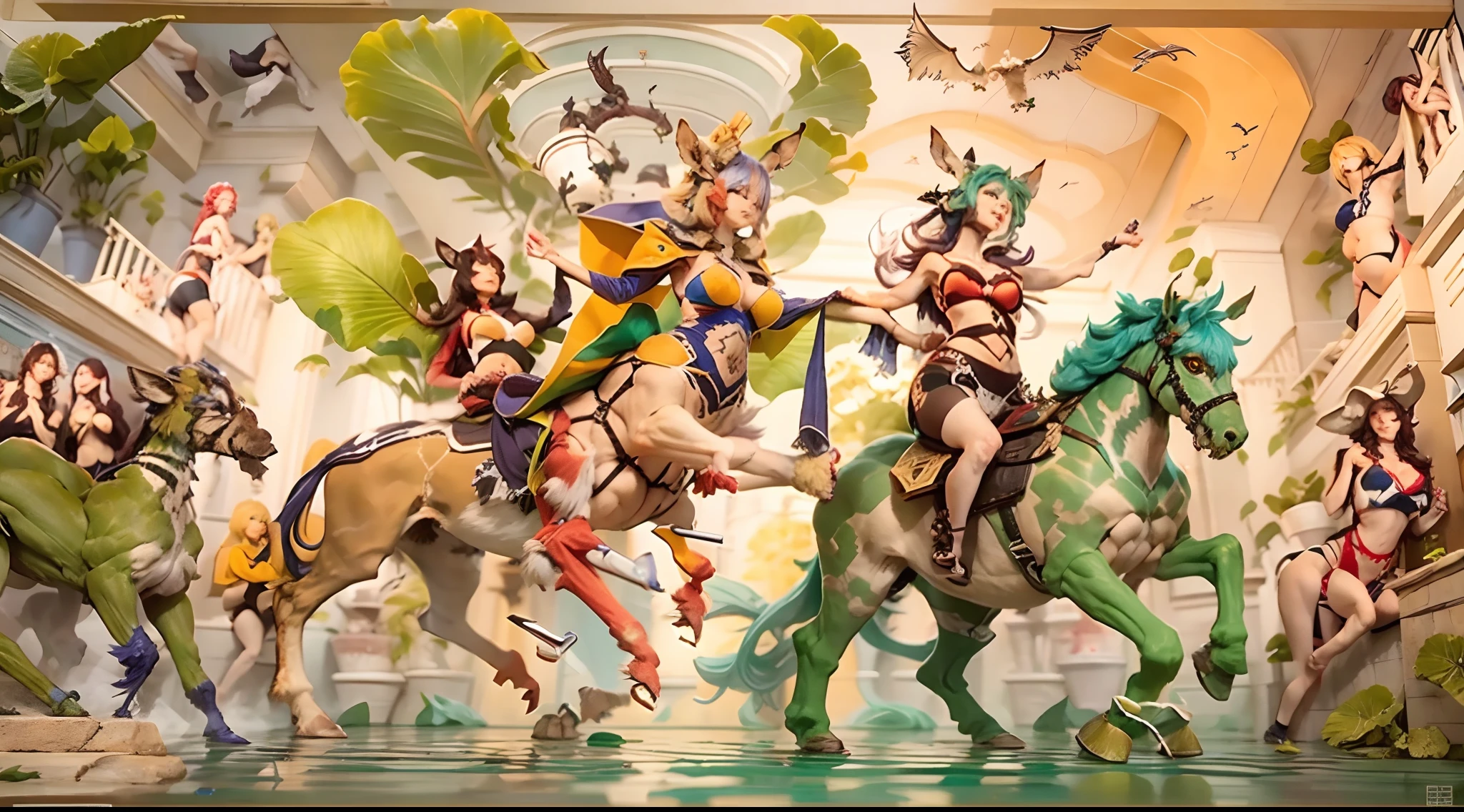 In the beautiful illustration of this super-grand scene，The ultra-distant lens shows us（Over eight separate and distinctive centaur characters：9.9），They all have their own characteristics，Vivid and interesting。Radiant from the heavens（Angelic centaurs：6.6），To nightmarish is（Centaurs surrounded by flames：6.6）、And then to the wind dancing in the air（Fairy centaurs：6.6）、And thunder and lightning surrounding（One-horned centaur：6.6），and shining metallic ones（Mechanical style centaur：6.6）、And then（A centaur with colorful dragon scales covering the whole body：6.6）The power is powerful、Elegant and agile（Elf centaur's slenderness：6.6）Gracefully wears a flower crown、Enchanting and charming（Tiflin centaurs：6.6）、Have the indescribable（Raised sexy：6.6）'s（Succubus centaurs：6.6）。Each character has their own unique charms and abilities。The illustration uses advanced artistic techniques and tools，（Use nesting、woven、stitching、ssee-through、arrange、grouping、Storyboards and other methods，Divide the scene into sections by geometric arrangement：9.9），Each section corresponds to a centaur character，This makes more efficient use of space。Through Midjourney's advanced brush tools、Color palette、Material packs and model packs、Texture tools，For each centaur, beautiful props are designed to increase racial characteristics、Clothing and physical features，（Enhances the character's personality and visual appeal：2.5），The scenery in the illustrations is stunning，There are changing skies、rainbowing、extreme light、Stars and Moon。Incorporating iconic landmarks such as Mount Everest，and fireworks、tranquil lake、Natural and urban elements of waves and neon lights，Creates a magical atmosphere，The centaurs display their unique abilities and equipment in a variety of environments，This is true even in extreme alien landscapes。（Use Midjourney's tools、Material packs、Texture tools、The color palette makes depicting details vivid and realistic：9.9），From complex hairstyles and as well as different racial traits、Body、Ap