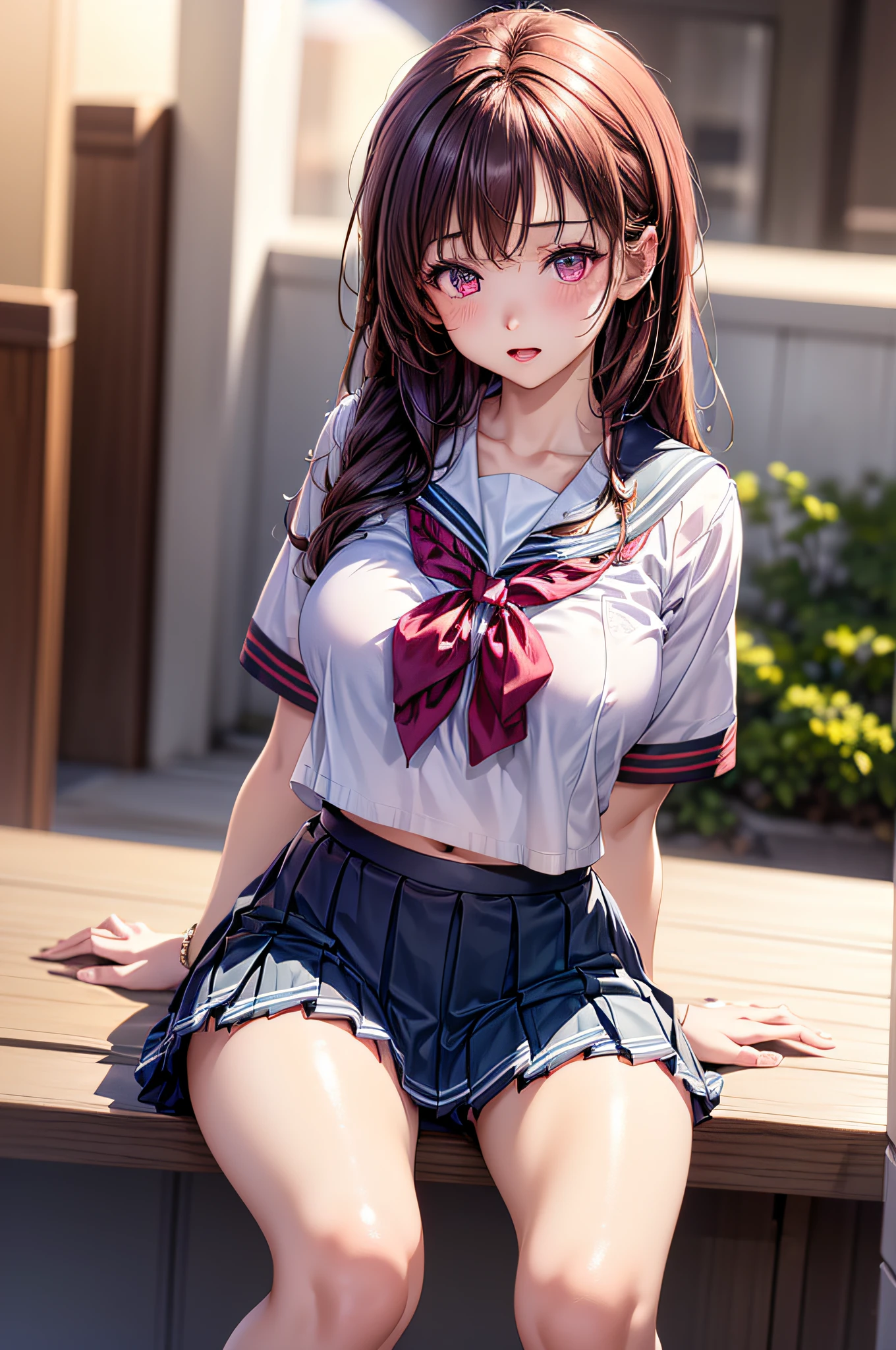 ((1girl in)), (Twin-tailed), Brown hair, Amazing face and eyes, Pink eyes, (amazingly beautiful girl), Brown hair, (High , Pleated mini-skirt:1.5), ((Best Quality)), (Ultra-detailed), (extremely detailed CG unified 8k wallpaper), Highly detailed, High-definition raw color photos, Professional Photography, (((Bokeh))), depth of fields, open your legs,