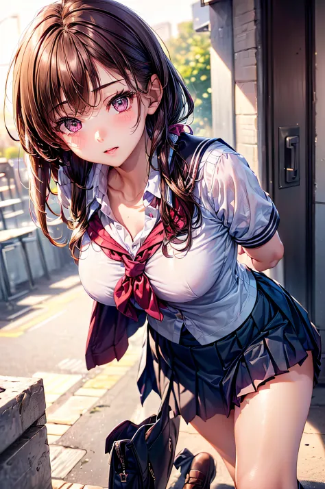 ((1girl in)), (twin-tailed), brown hair, amazing face and eyes, pink eyes, (amazingly beautiful girl), brown hair, (high school ...