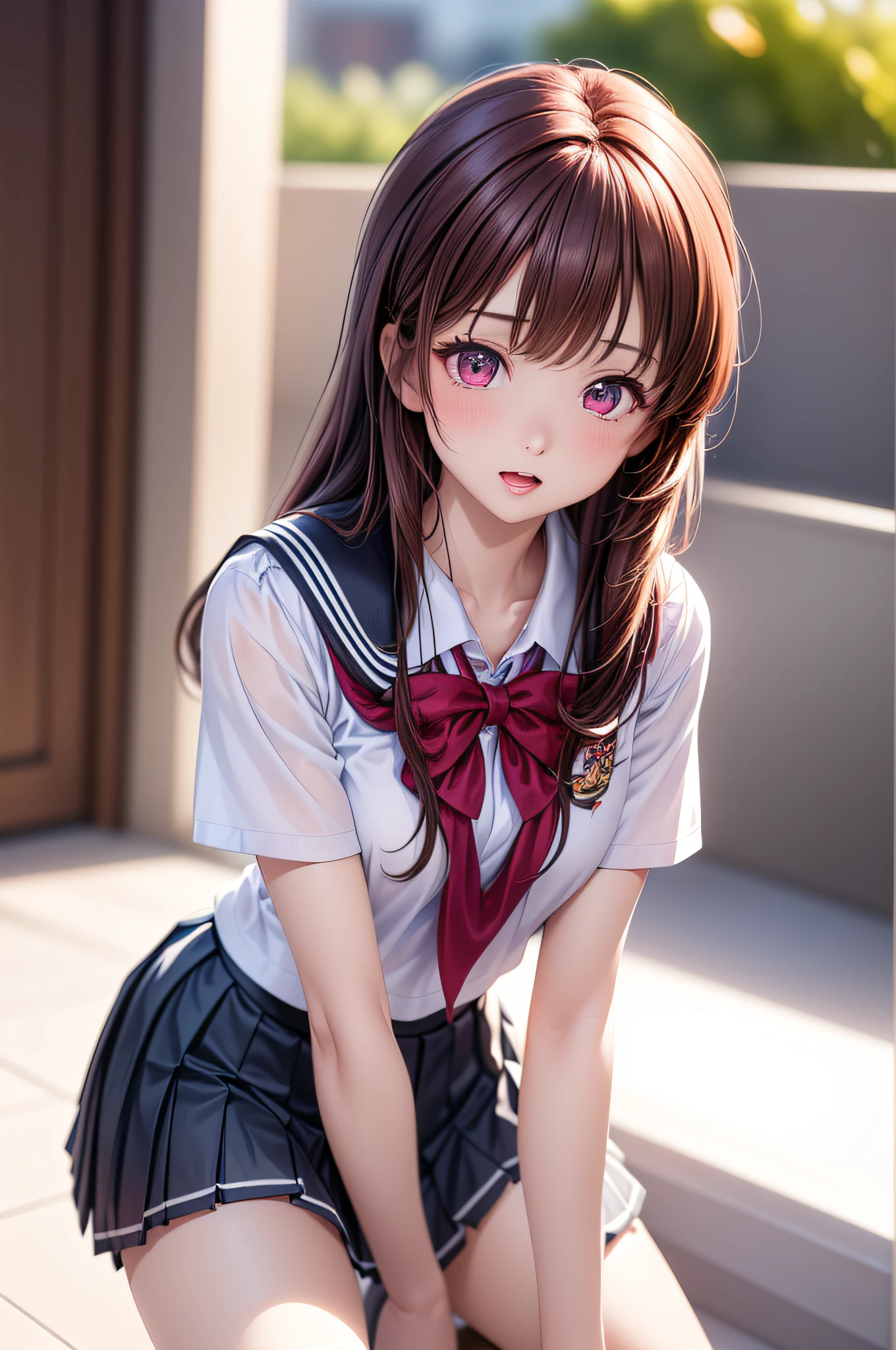 ((1girl in)), (Twin-tailed), Brown hair, Amazing face and eyes, Pink eyes, (amazingly beautiful girl), Brown hair, (High School Uniform, Pleated mini-skirt:1.5), ((Best Quality)), (Ultra-detailed), (extremely detailed CG unified 8k wallpaper), Highly detailed, High-definition raw color photos, Professional Photography, (((Bokeh))), depth of fields, open your legs,