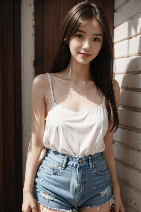 (Best quality, Complex details: 1.2) ,1 girl,24 years of age,​,(White skin), Solo, (camisole), Denim shorts,ssmile，