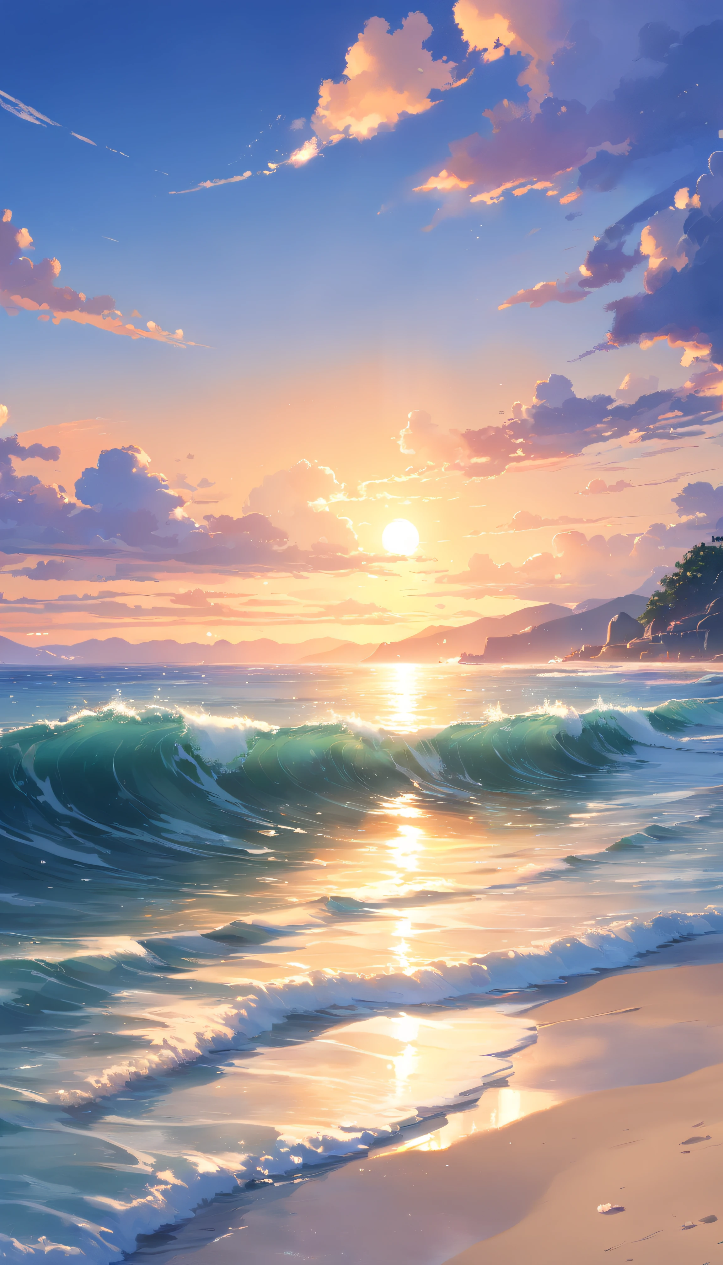 (best quality,4k,8k,highres,masterpiece:1.2),ultra-detailed,(realistic,photorealistic,photo-realistic:1.37),vivid colors,ocean sunset,beautiful detailed waves,reflecting sun rays,magnificent clouds,dramatic sky,silhouette of a lone sailboat,spectacular horizon,glowing orange and purple hues,serene atmosphere,soft gently lapping waves,peaceful and tranquil scene,sparkling sunlight on the water,serene and calm ambiance,ethereal beauty,with a touch of romance,mesmerizing view of the setting sun,ocean breeze,tidal waves crashing against the shore,majestic and awe-inspiring scenery,serenity and tranquility,seagulls flying in the distance,seamless transition from day to night,serene stillness of the ocean,rippling water creating a dreamy effect,soft glowing light illuminating the scene,serene and magical setting,secluded and untouched beach