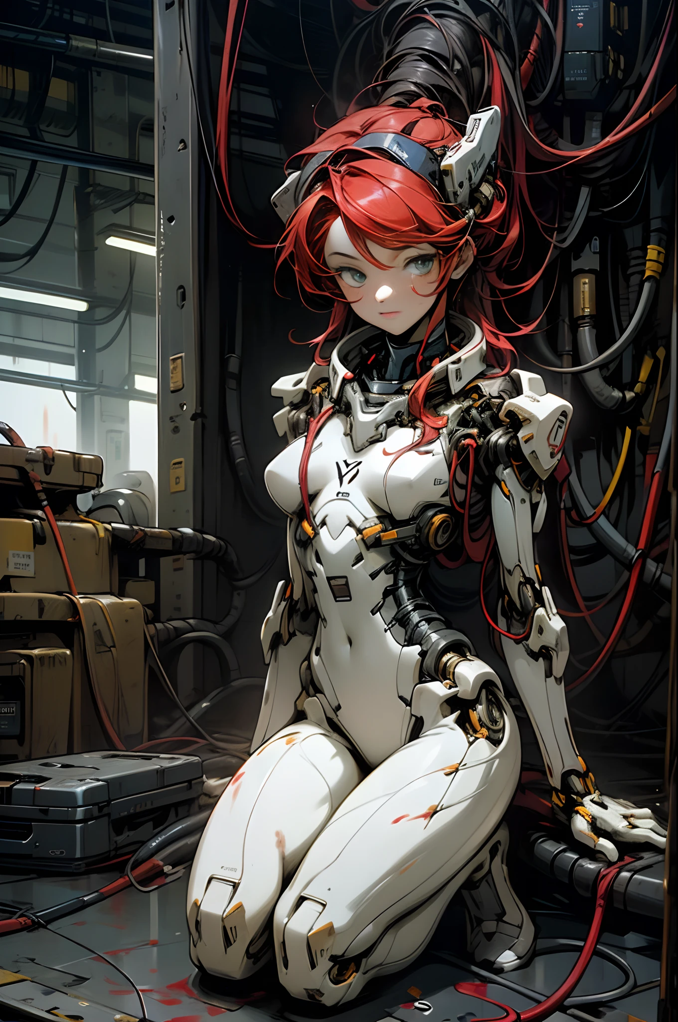 (masterpiece, top quality, best quality, official art, beautiful and aesthetic:1.2), (1girl:1.3), extreme detailed,colorful,highest detailed ((ultra-detailed)), (highly detailed CG illustration), ((an extremely delicate and beautiful)),looking at viewers, red hair, cinematic light,1girl,solo,full body,(mechanical vertebra attaching to back),((mechanical cervial attaching to neck)),(sitting),expressionless,(wires and cables attaching to neck:1.2),(wires and cables on head:1.2)(character focus),science fiction, in factory, blood,