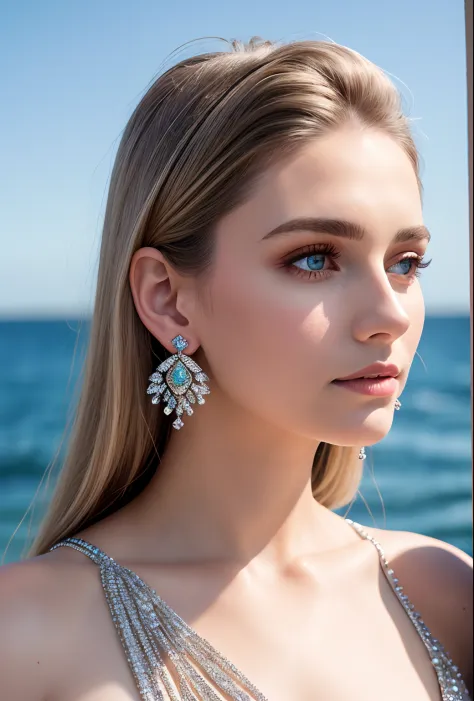 (masterpiece, best quality), intricate details, realistic, photorealistic, a close up of a woman wearing earrings, inspired by Emma Andijewska, draped in crystals, silver color, long earrings, sandra chevier, huge earrings, 2019, blue-eyed, platinum jewell...