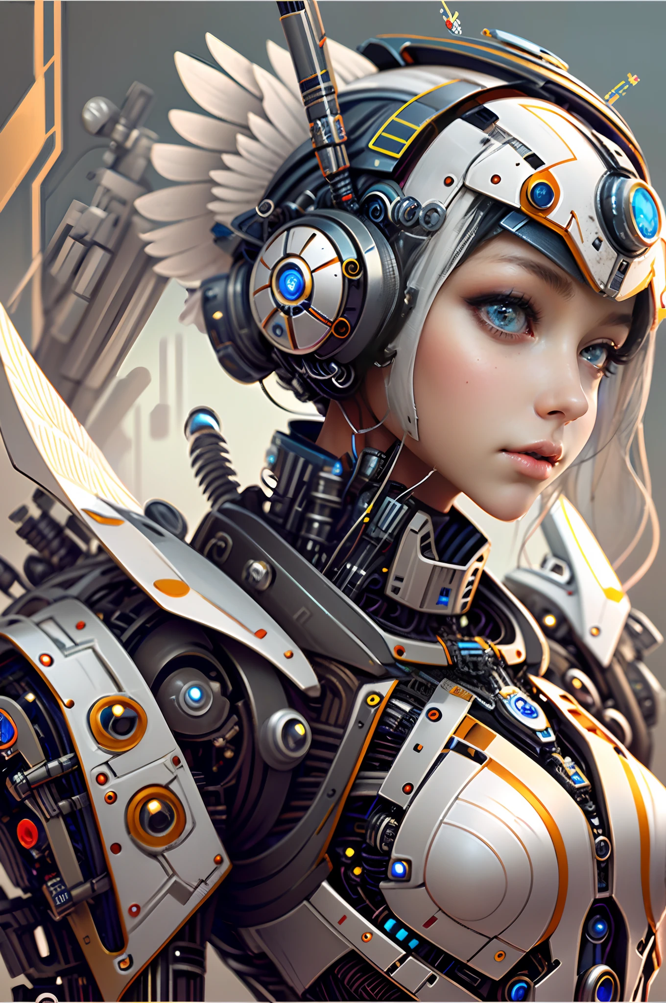 Nahaufnahme von Frauen in futuristischen Outfits, Wunderschönes und kompliziertes Roboter-Charakterdesign, Schöne und charmante Cyborg Lolita, Weiße biomechanische Teile,Biomechanische Teile aus Chrom, Schöne Cyborg-Lolita, Porträt von Android Lolita, Superzarte Roboterfrau, Aufwendig lächerlich übermenschlich, Neu, futuristisch, mit hohem Detailgrad  , Biomechanik und Komplexe, Schöner Lolita-Roboter, futuristischer Roboterengel, schönes Cyborg-Engelsmädchen