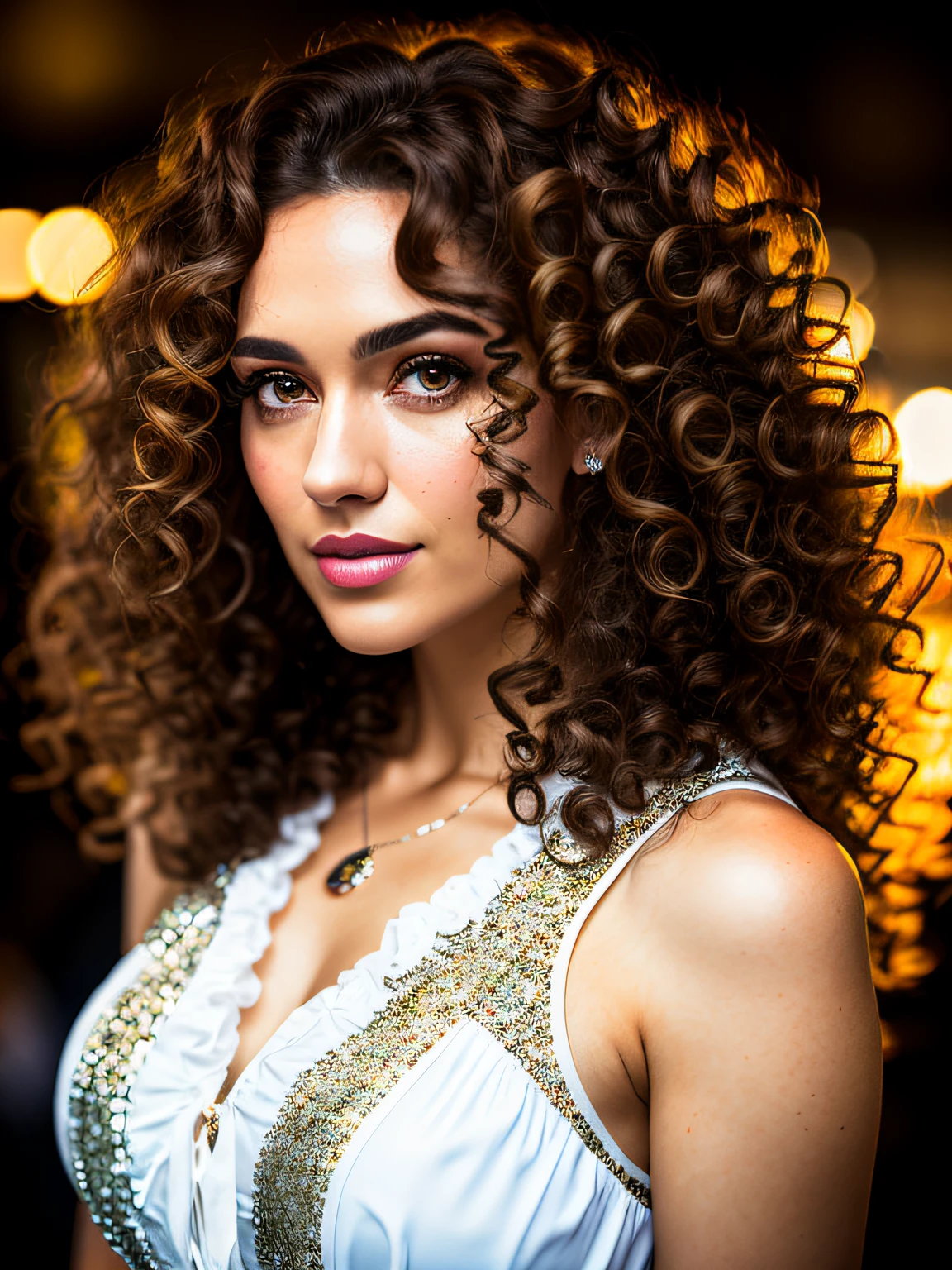 Woman with curly hair, wearing skirt and blouse, detailed seductive eyes, in the club, masterpiece, detailed, elegant, best quality, diffuse wide light, backlighting, bloom, light sparkles, chromatic aberration, smooth, sharp focus, brunette brown eyes. Hair on the shoulder