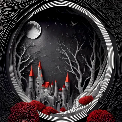 black and white and red scenic picture (paper cut art: 1.5) of a dark vampire castle at night, a masterpiece award winning (pape...