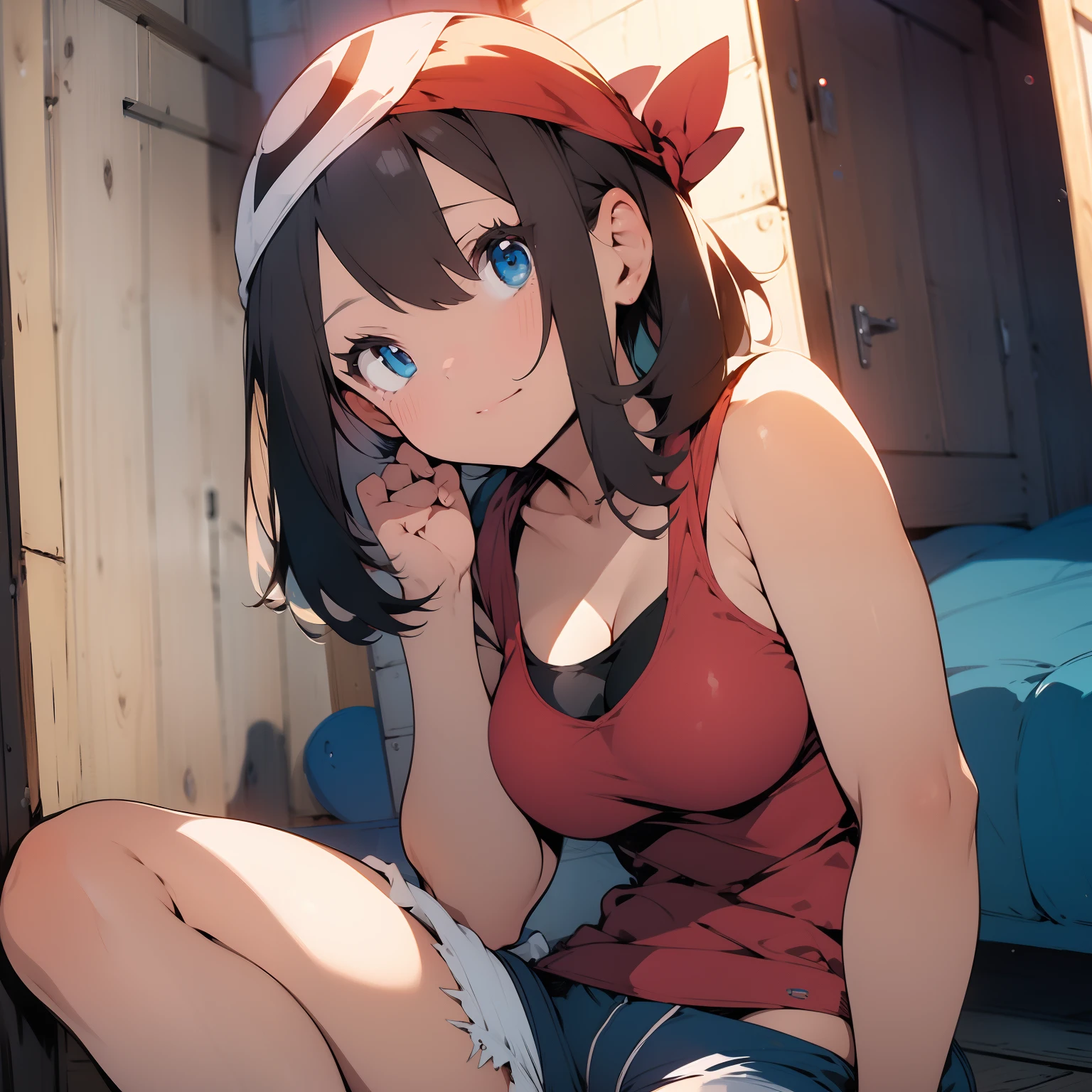 (masterpiece, best quality), cowboy shot , 1girl, indoors, beautiful, medium , gorgeous, expressive eyes, perfect face, May_pokemon, may from pokemon,
short brown hair, red bandana, red tank-top, white denim shorts, sitting on floor, 
detailed eyes,