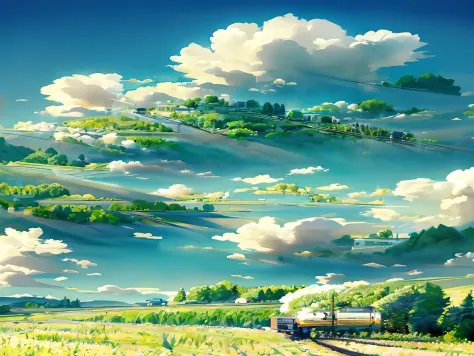 (best quality,4k,highres,masterpiece:1.2),ultra-detailed,realistic:1.37,train on a track in a field,cartoon countryside landscape,made of trees and fantasy valleys,beautiful fluffy clouds,cartoon,detailed landscape-wide 672,cartoon landscape wallpaper,cart...