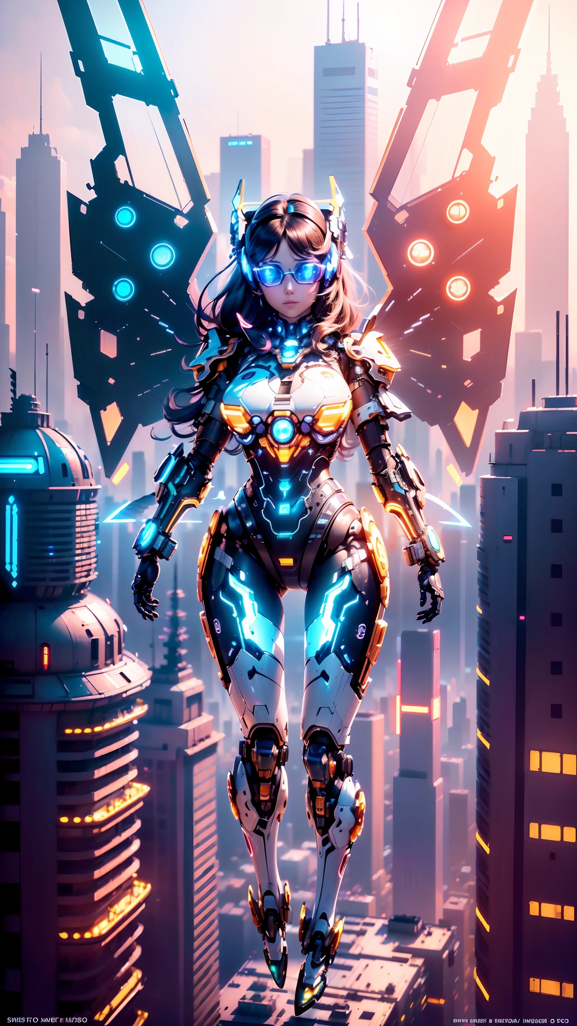 tmasterpiece，best qualtiy，highest  quality，ultra - detailed，Best resolution，8K，CG，illustration，realisticlying，aerial perspective，(Surrealist tech metropolis:1.2)，(The mech girl flew over the city:1.2)，(Mechanical wings with a sense of technology:1.3)，Transparent Goggles，Glowing tech mech