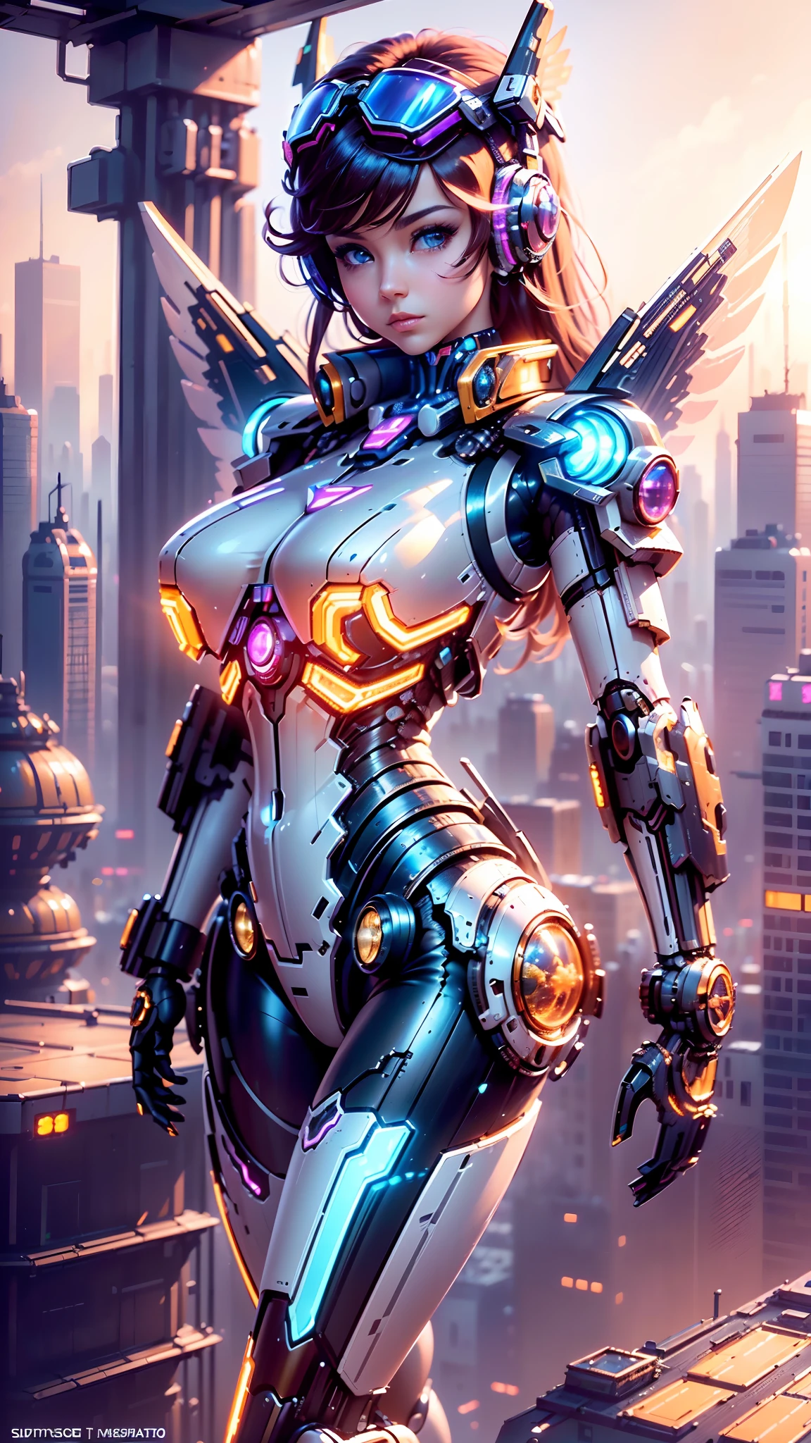 tmasterpiece，best qualtiy，highest  quality，ultra - detailed，Best resolution，8K，CG，illustration，realisticlying，aerial perspective，(Surrealist tech metropolis:1.2)，(The mech girl flew over the city:1.2)，(Mechanical wings with a sense of technology:1.3)，Transparent Goggles，Glowing tech mech