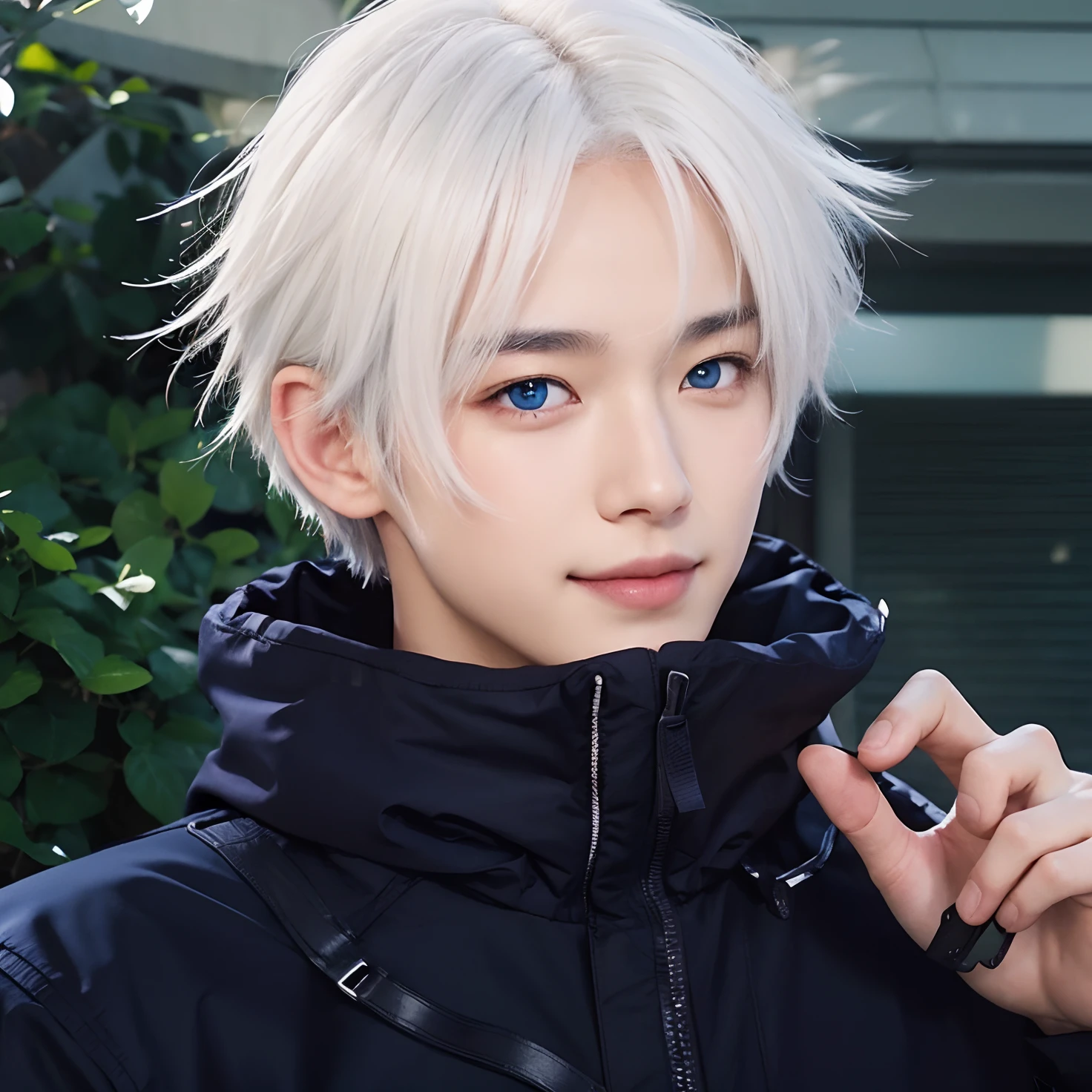 real life adaption of this character,korean handsome face,realistic outfit,detailed light blue eyes,realistic Messy white hair,realistic background,hyper realistic,realism,realistic light, realistic shadow,(photorealistic:1.2), looking to viewer, smiling expression