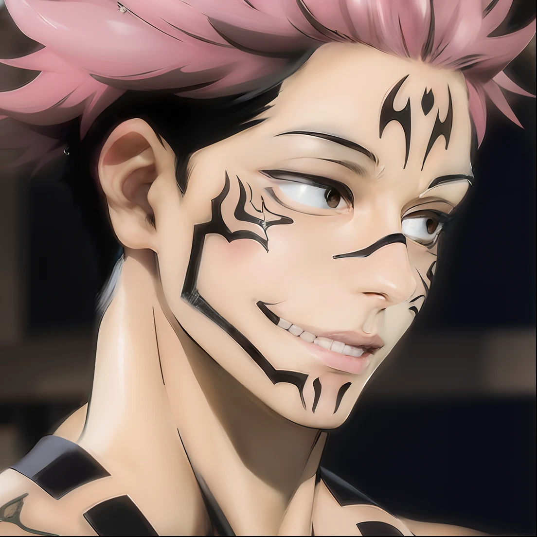 anime character with pink hair and black and white stripes on his chest, handsome guy in demon slayer art,  jujutsu kaisen, roguish smirk, ohararyu, pink iconic character, trigger anime artstyle, ryomen sukuna