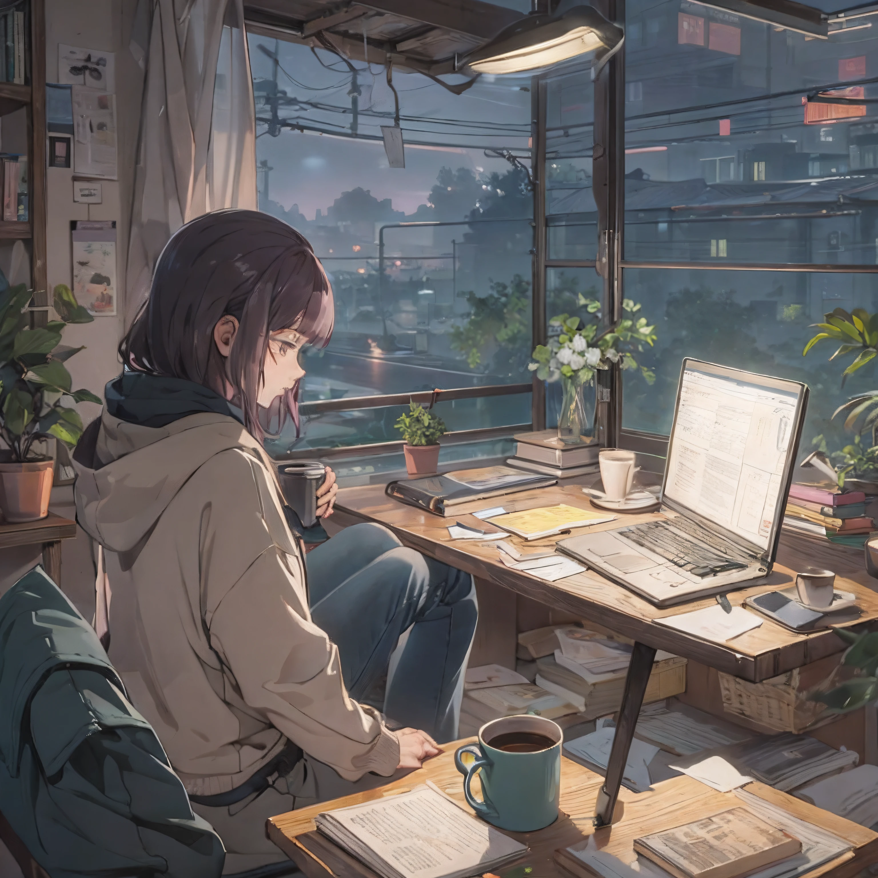 ((lo fi music for study: 1.3) +(japanese aesthetic: 1.1))e(auto-estudo:0.9),Minimalista, Ambiente, cores silenciadas,peaceful, Relaxed, aconchegante,calmo,ritmo lento,conducive for concentration,reconfortante, night time, livro aberto, coffee cup, desk lamp, light rain outside,estudante, fones de ouvido ,leitura, produtivo,Nanakusa Nazuna