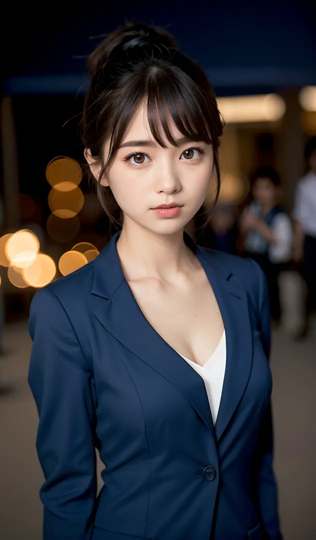 a closeup, ​masterpiece, top-quality, Raw foto, Photorealsitic、Take photos from a slightly higher angle、unbelievable Ridiculous, beautiful a girl, Navy blue pantsuit、Half-up hairstyle、small brest、Hair fluttering in the wind、女優、On the red carpet、depth of fi...