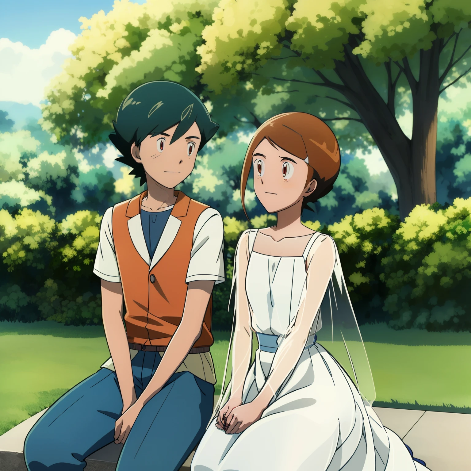 Anime image of a man and woman sitting on a bench - SeaArt AI