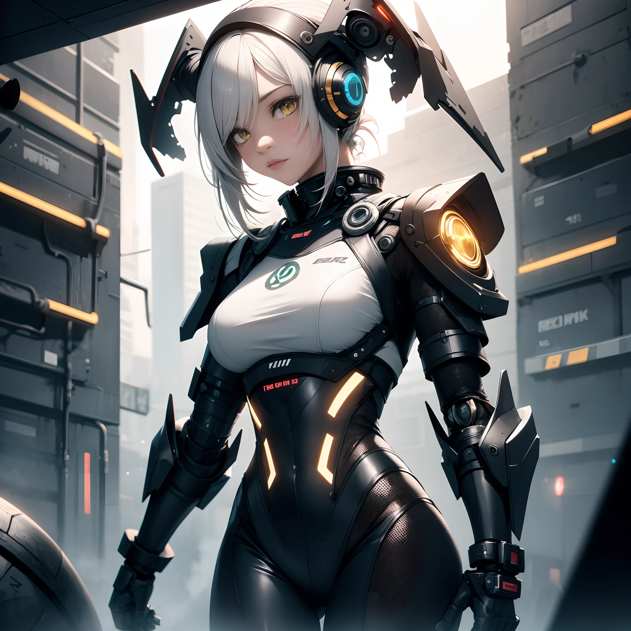 ，masterpiece, best quality，8k, ultra highreKSKS style, 1 mech girl, Surrounded by yellow lights, Gold eyes, White hair, Robotic arm, no smile, Ultra detailed, dynamicposes, Futuristic fantasy, cyber punk perssonage, Bolide, Battlefield ruins, Cubism, god rays, hatching (texture), Fujifilm, Masterpiece, highres, award winning