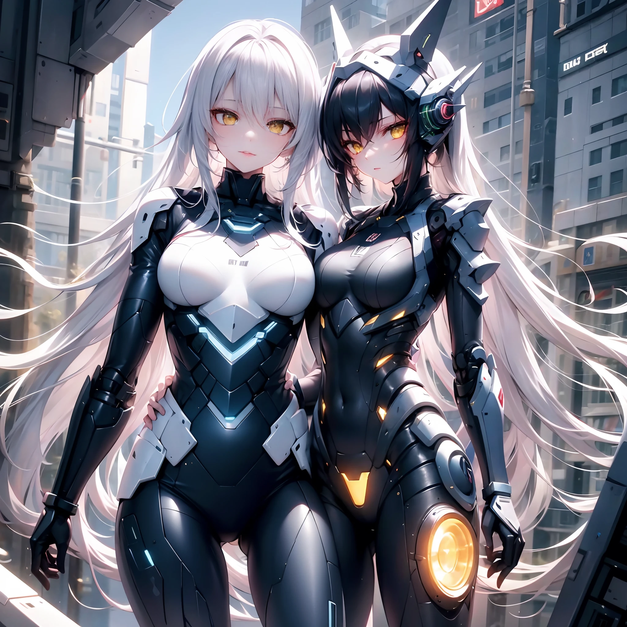 ，masterpiece, best quality，8k, ultra highreKSKS style, 1 mech girl, Surrounded by yellow lights, Gold eyes, White hair, Robotic arm, no smile, Ultra detailed, dynamicposes, Futuristic fantasy, cyber punk perssonage, Bolide, Battlefield ruins, Cubism, god rays, hatching (texture), Fujifilm, Masterpiece, highres, award winning