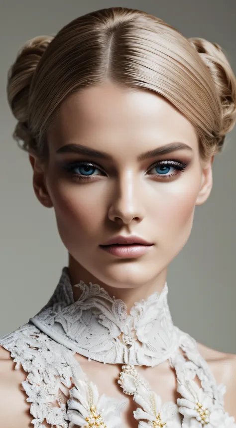 In a high-end fashion editorial, capture a professional portrait of an androgynous model with flawless porcelain skin. The model is adorned in an avant-garde couture outfit, featuring intricate lace details and exaggerated shoulder pads. Their eyes, expert...