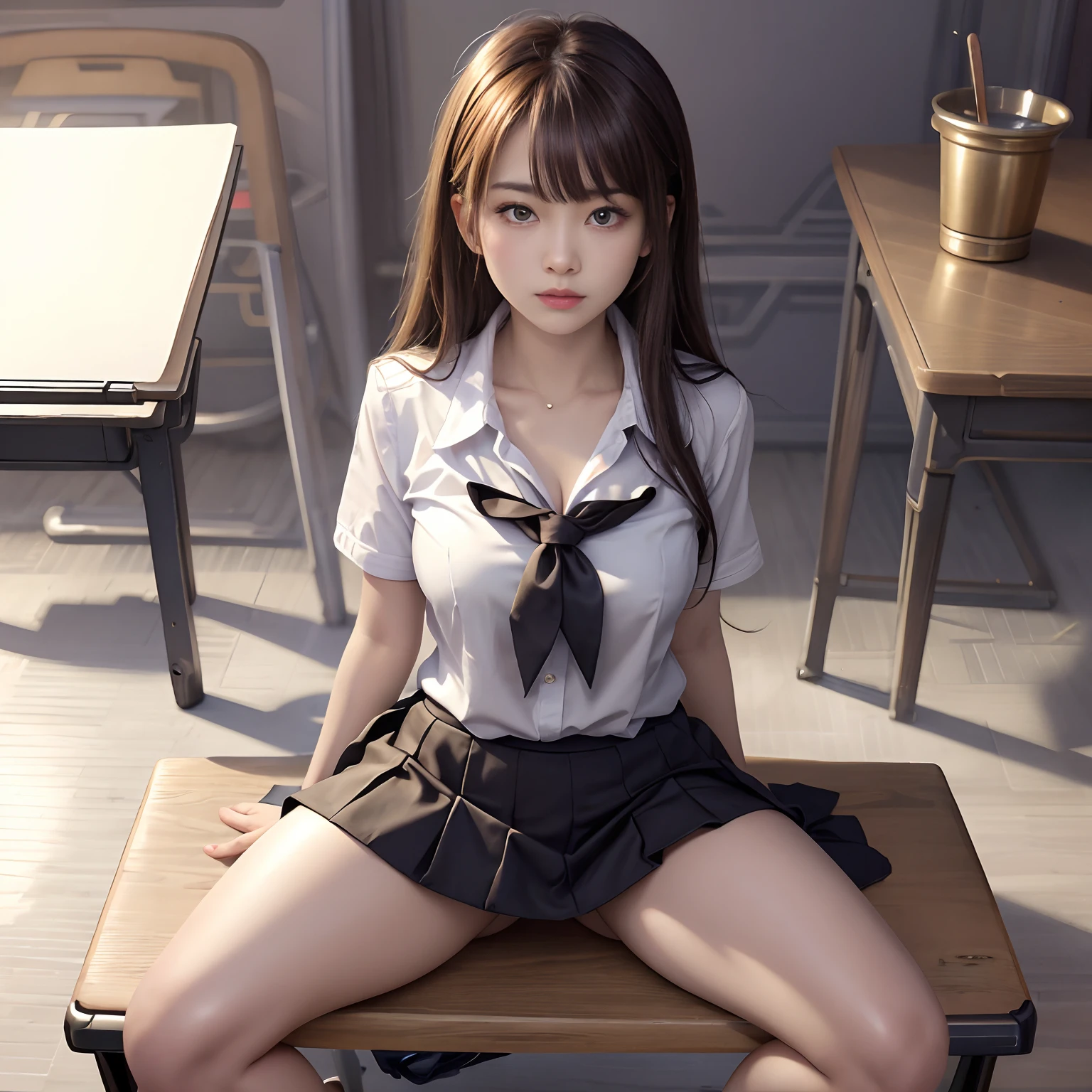 top-quality, ​masterpiece, Beautiful girl sitting at desk, hi-school girl, Uniforms, plump big breasts,  open legs, White blouses, pleatedskirt, Shy look,