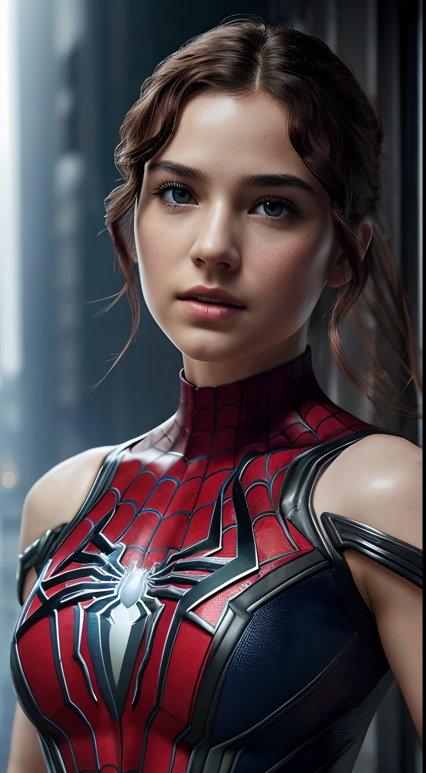 , (1girl:1.3), Solo, (((Very detailed face)))), ((Very detailed eyes and face)))), Beautiful detail eyes, Body parts__, Official art, Unified 8k wallpaper, Super detailed, beautiful and beautiful, beautiful, masterpiece, best quality, original, masterpiece,{posture; jumping through buildings with spiderweb like spiderman do)),  super fine photo, best quality, super high resolution, realistic realism, avengers end game climax background, full body portrait, amazing beauty, dynamic pose, delicate face, vibrant eyes, (from the front), ((She wears Spider-Man suit, red and black color scheme, short wavy hair, oval face, fair skin tone, messy hair)), spider, very detailed avengers end-game background, detailed face, detailed complex busy background, messy, gorgeous, milky white, highly detailed skin, realistic skin details, visible pores, clear focus, volumetric fog, 8k uhd, DSLR, high quality, film grain, fair skin, photo realism, lomography, futuristic dystopian megalopolis, translucent