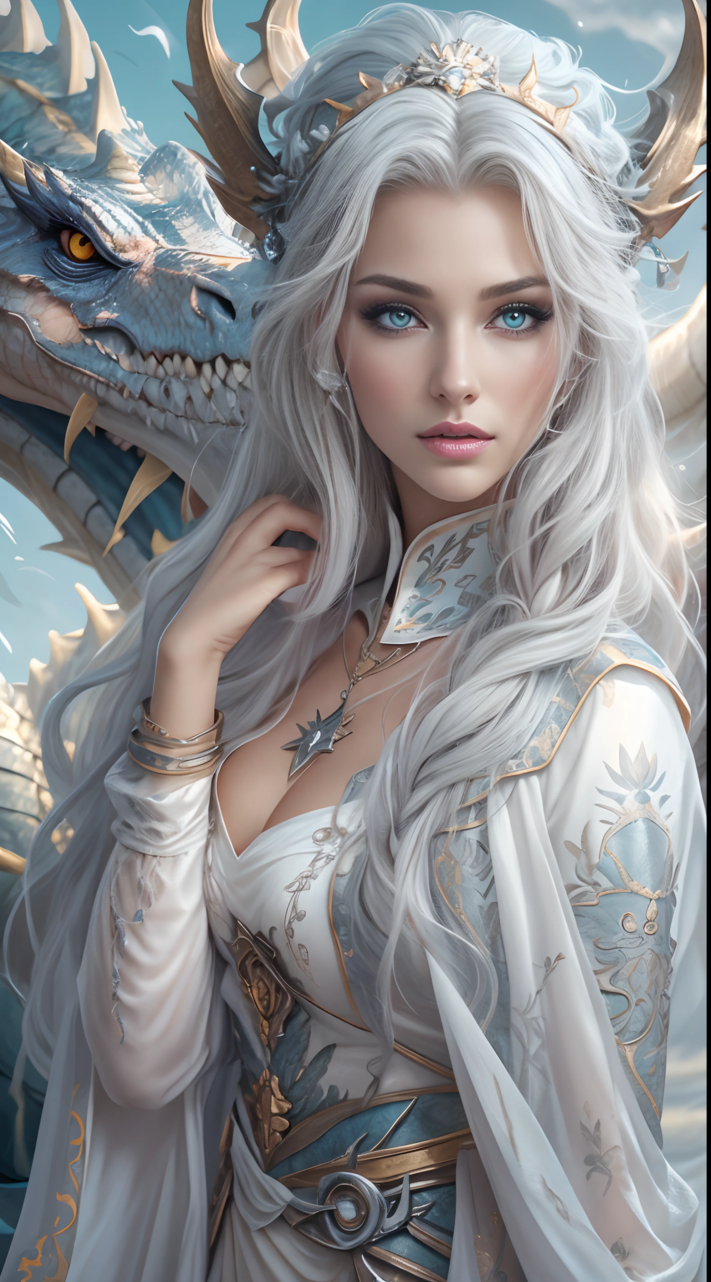 unreal engine:1.4,UHD,The best quality:1.4, photorealistic:1.4, skin texture:1.4, Masterpiece:1.8,White Dragon Queen, young and mature woman, Long elf ears, elegant dress, big chest, curve, Dragon Ling Vawy Hair, super long hair, Smooth Face Features, White dragon horns on his head, majestic woman, silver decoration om your dress, Silver Star Queen,big blue eyes, Cherry Lips, white dragons, starry sky