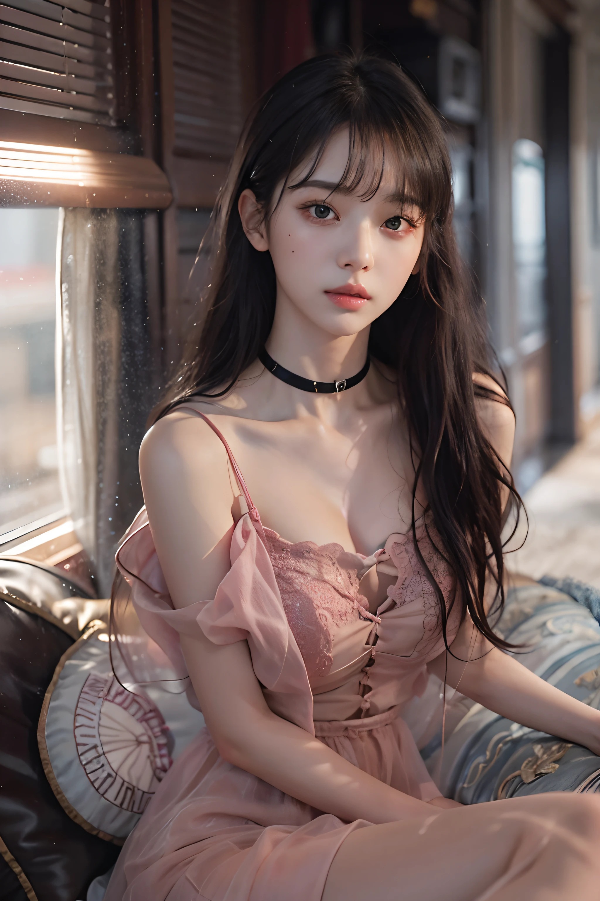 (Photoreal Stick:1.2)、8K UHD、hight resolution、(two womens)、(High quality shadows)、Detail Beautiful delicate face、Detail Beautiful delicate eyes、in her 20s、(Black hair Long hair)、Pretty Kpop Girl、(Korean Urzan Face)、(ulzzang -6500-v1.1:0.6)、(looking at view)、gloweyes、perfectbody、bright red blush、Natural color reproduction、((strong lights))、(a choker)、((Brown eyes))、((Refreshing bangs))、((Black hair straight))、(long)、((Beautiful Finger))、 Shiny hair、Description beautiful delicate hair、(Lustrous skin)、(Pink see-through dress)、(bangss)、(long  skirt)、(early evening)、(huge window)、(drapes)、(Background blur)、(Two people sitting on a large sofa)、((Knee shot))、