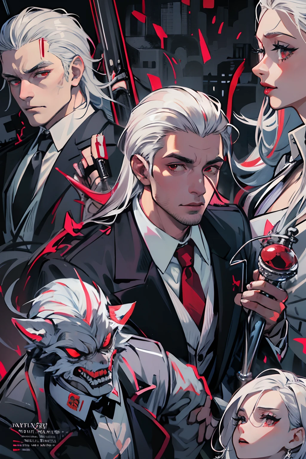 (masuter piece,Best Quality,Ultra-detailed), (A detailed face),Adult male who spent his childhood,Solo, white  hair, Red Eyes,Vampire Black Suit,Black shirt,Black tie,(in bad: 1.2), Looking at the viewer, (interview: 1.3), From  above, sharp contrast, Beautiful detailed eyes, Close Up Shot,magazine title,Mafioso